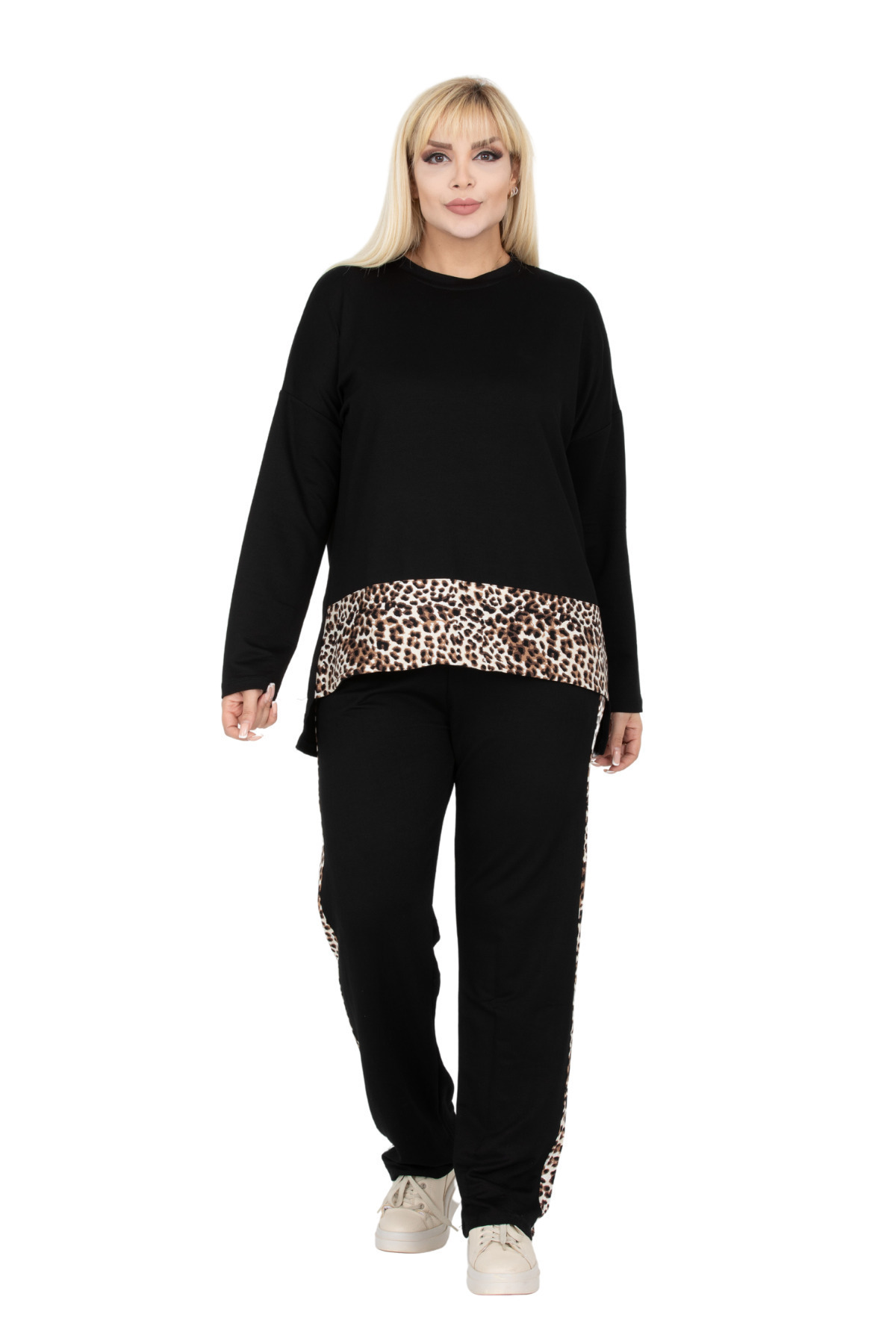 HERAXL-Women's Plus Size Black Leopard Patterned Stripe Detailed Plus Size Tracksuit Set with Elastic Waist 4
