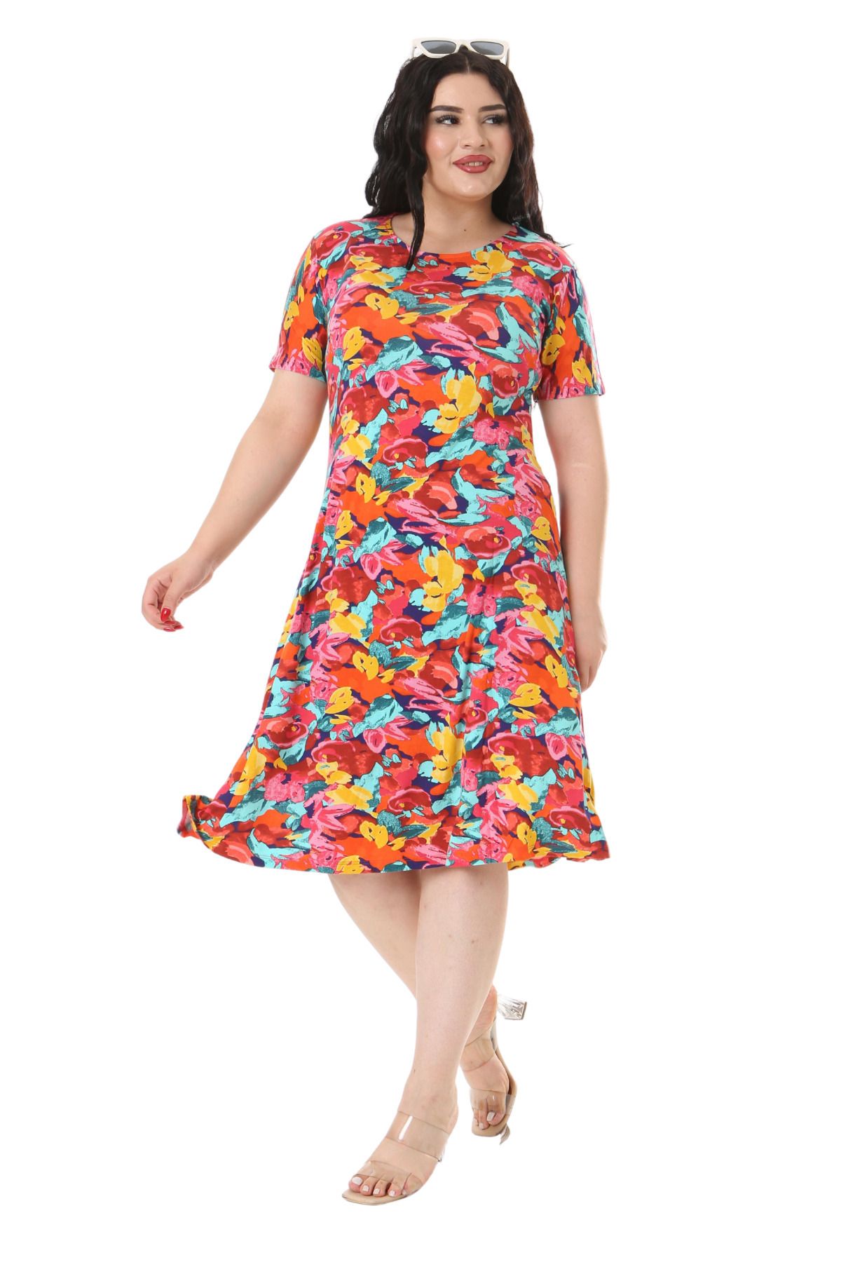 MELSAY-Model de trandafiri galbeni - Rochie Midi Plus de dama cu maneca scurta 2