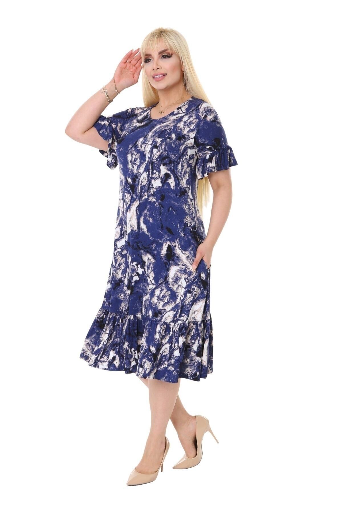 MELSAY-Rochie de damă cu buzunare, albastru, model batik, mărime mare 2