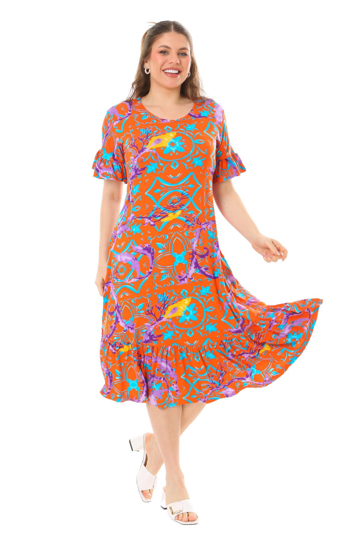 MELSAY-Fustă cu mânecă scurtă de damă cu model retro portocaliu rochie marime mari 1