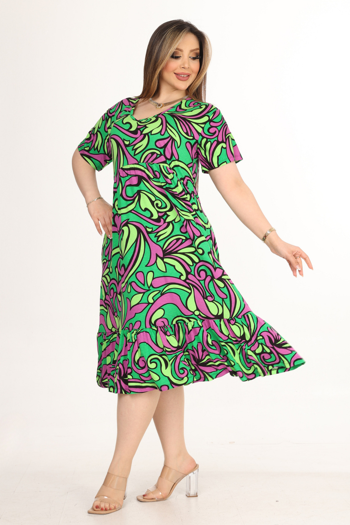 MELSAY-Women's Neon Green Jungle Pattern V-neck Short Sleeve Ruffle Robe Dress 3