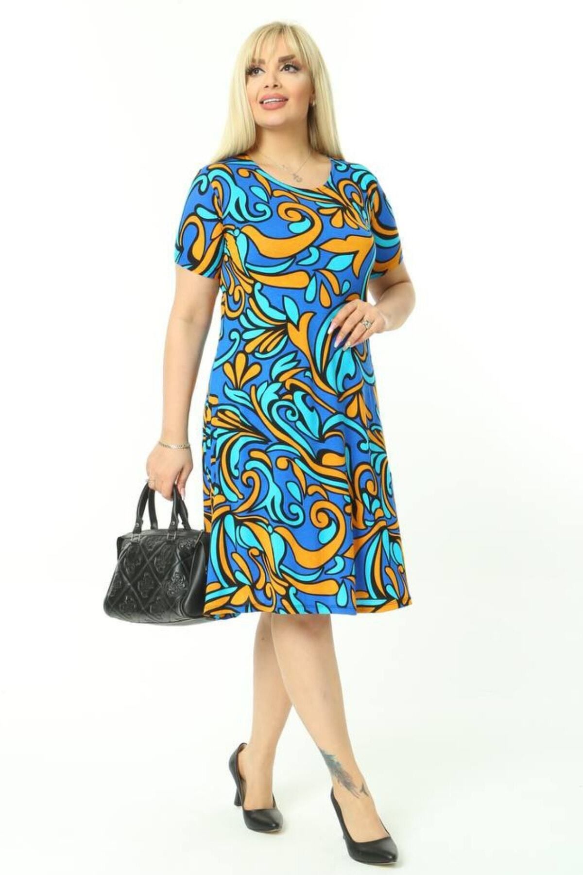 MELSAY-Women's Turquoise Plus Size Short Sleeve Tropical Pattern Knitted Midi Dress 5