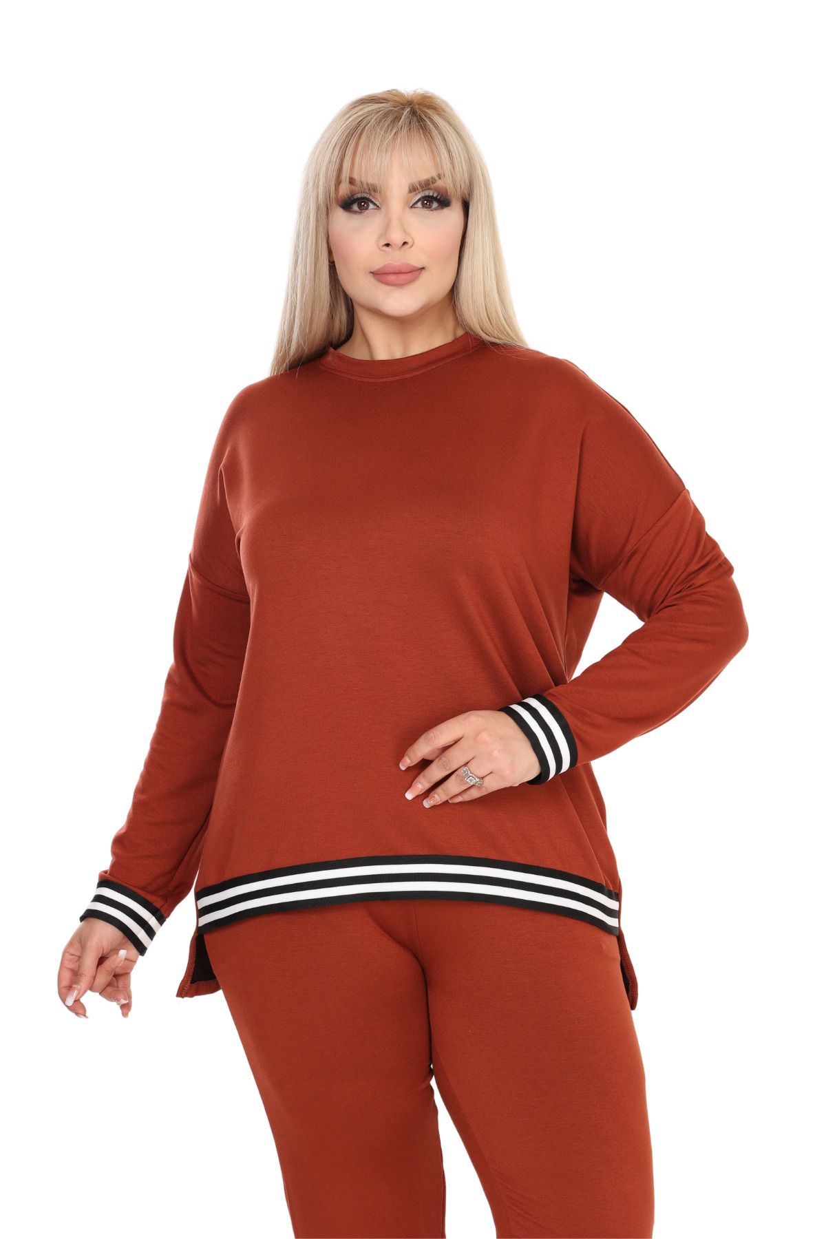 MELSAY-Women's Cinnamon Plus Size Crew Neck Stripe Detailed Long Sleeve Elastic Waist Tracksuit Set 3