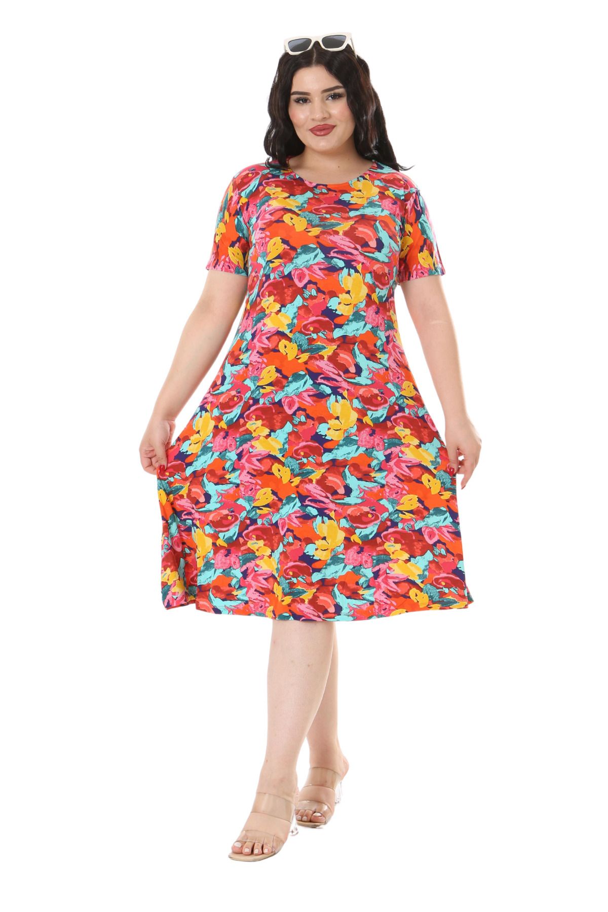 MELSAY-Model de trandafiri galbeni - Rochie Midi Plus de dama cu maneca scurta 3