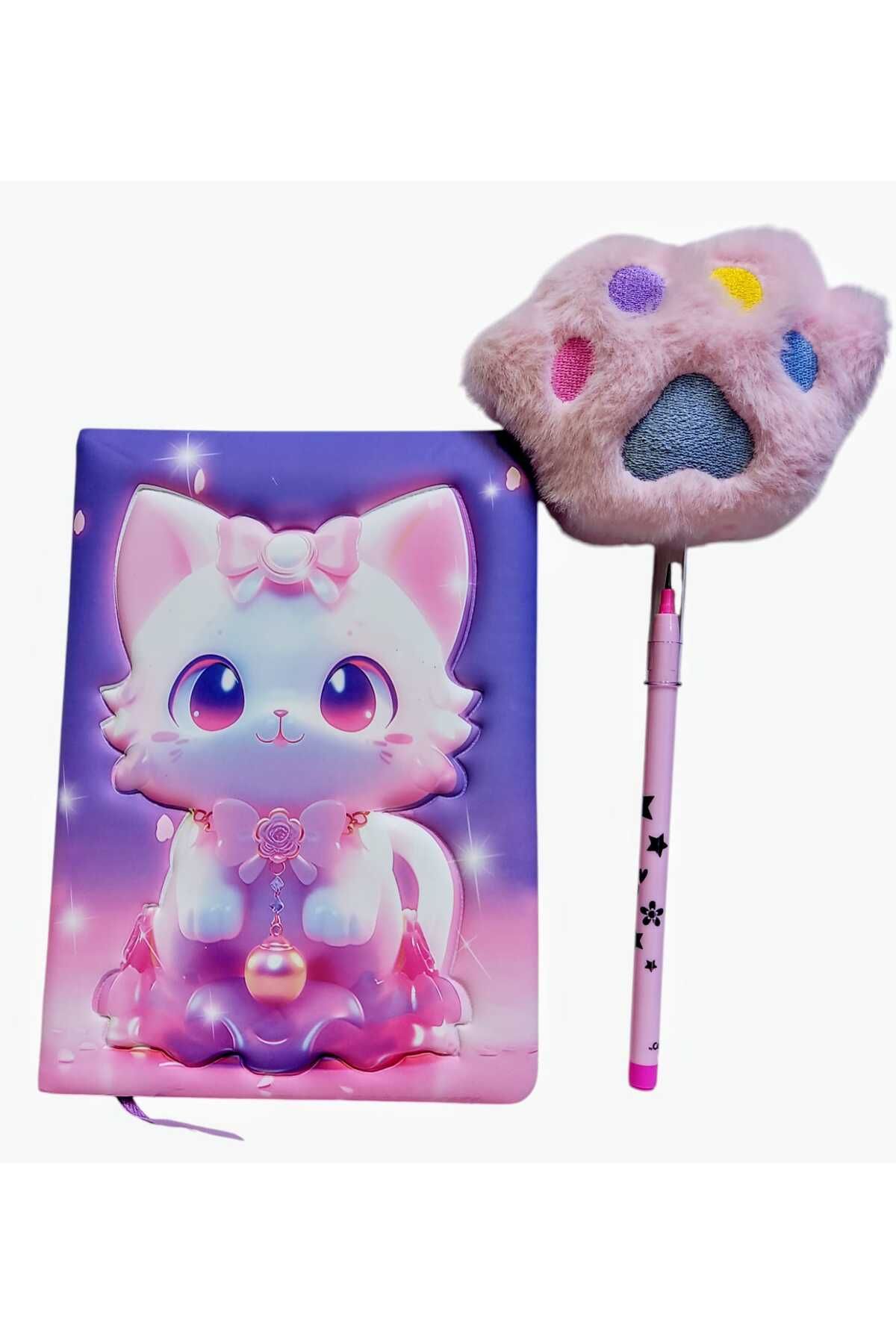 izmir yazici servis-Kitten Fancy Embossed 3D Printed Pufidik Memory Souvenir Notepad Set with Paw Pen Gift 2