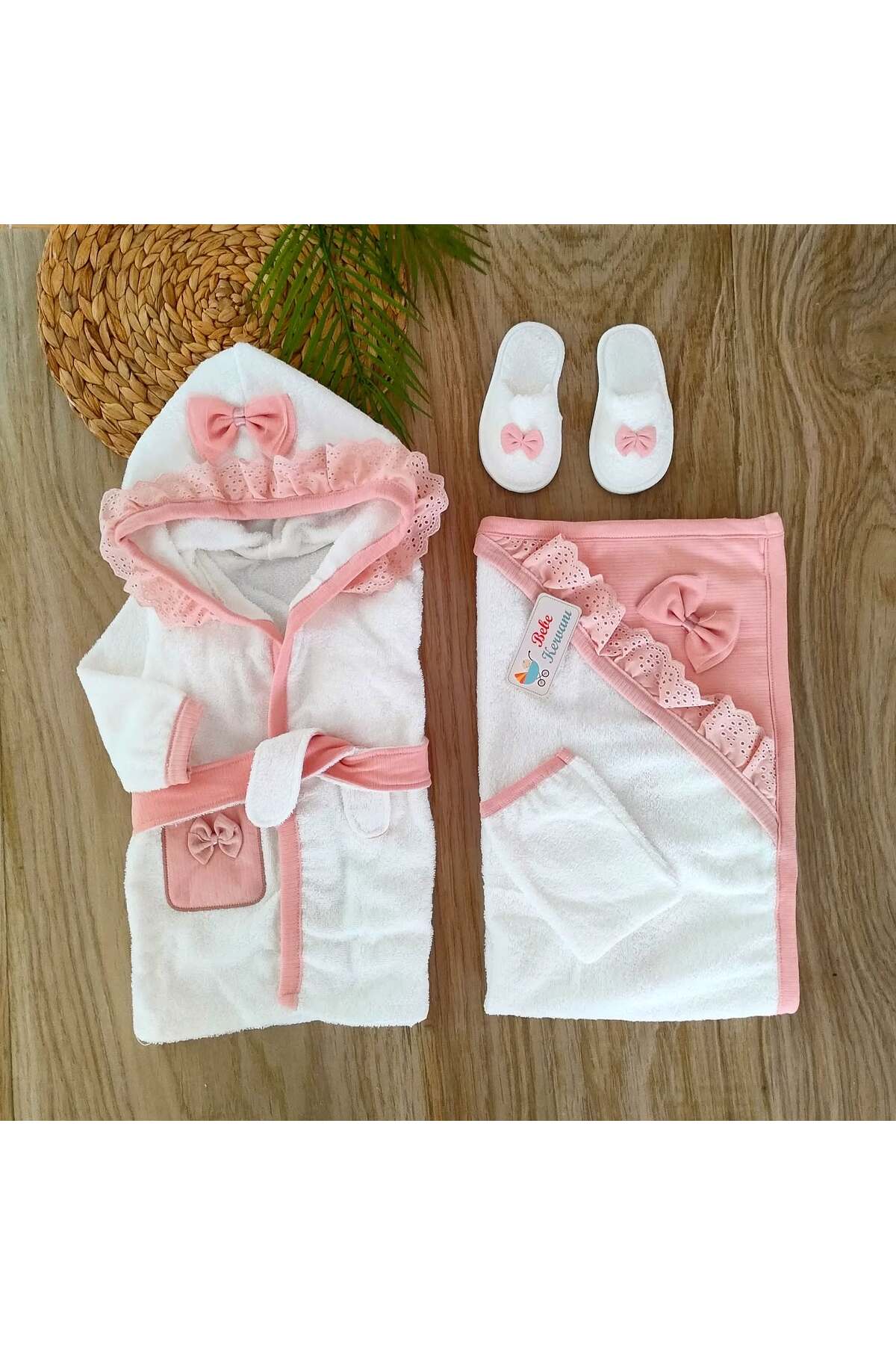 bebe kervanı Bebekervanı Kız Bebek  Pembe %100 Pamuklu Fistolu Bornoz Takımı BBK1029 fotoğrafı 3 (önizleme)