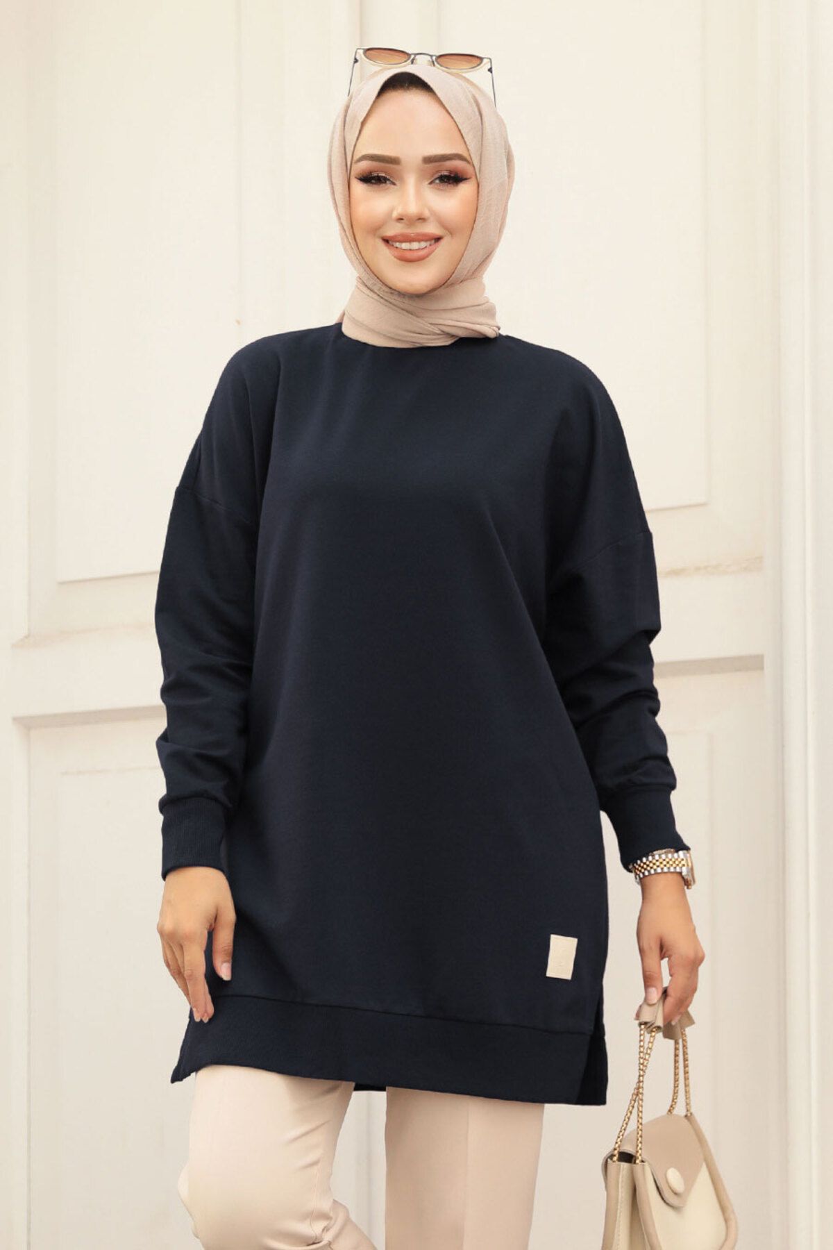 Neva Style-Dark Navy Blue Hijab Tunic 30644Kl 1