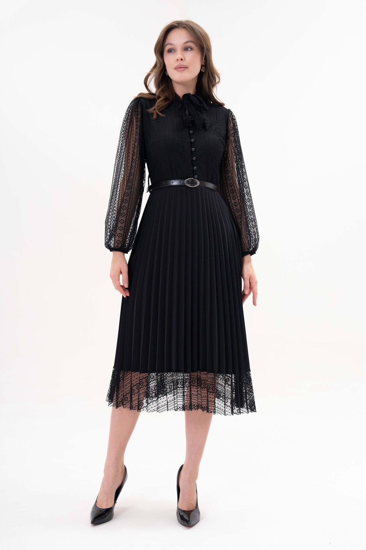 WOMAN VISION-Damen Design Plissee Langarm Spitze Schwarz Kleid mit Gürtel Geschenk 57834 5