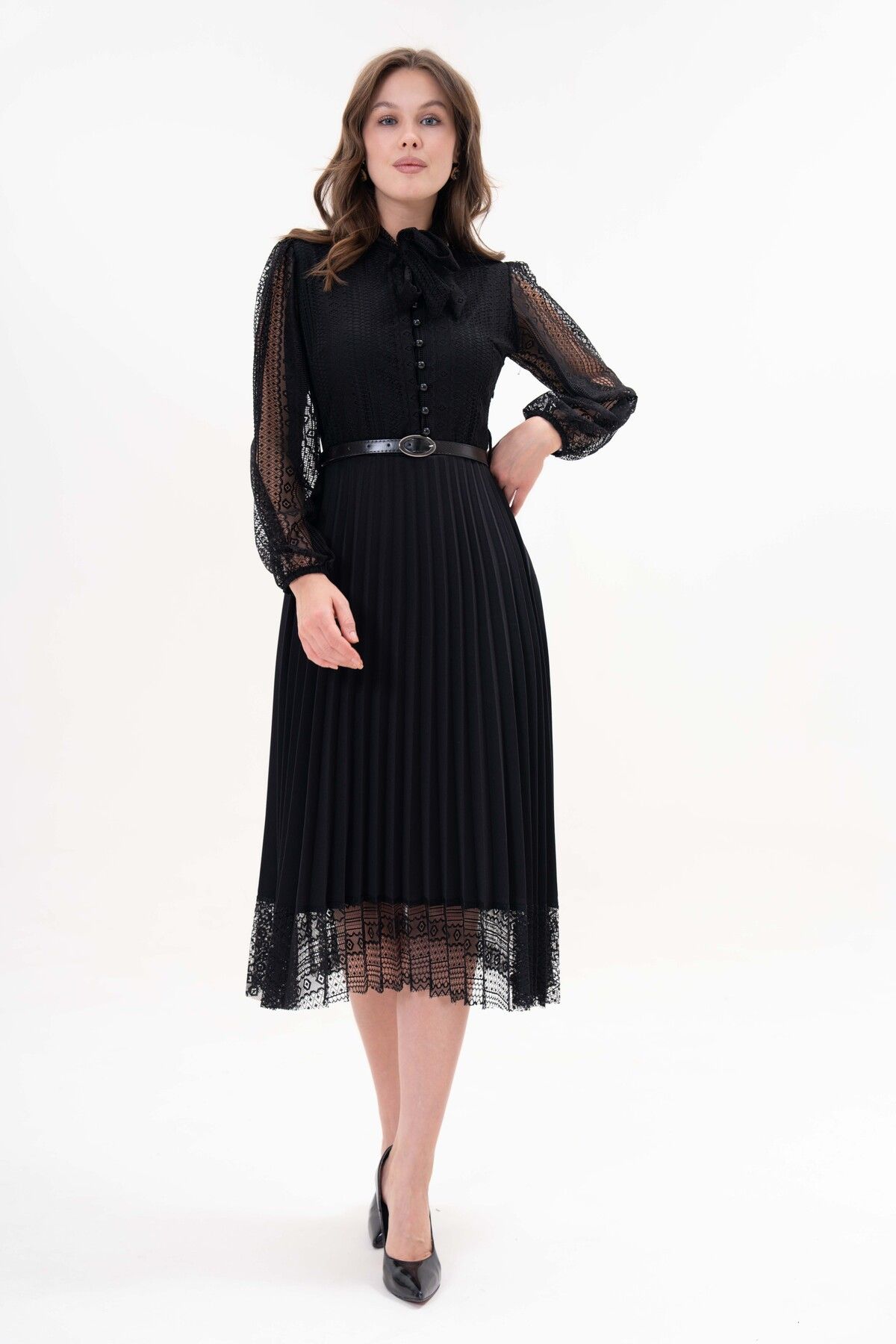 WOMAN VISION-Damen Design Plissee Langarm Spitze Schwarz Kleid mit Gürtel Geschenk 57834 8