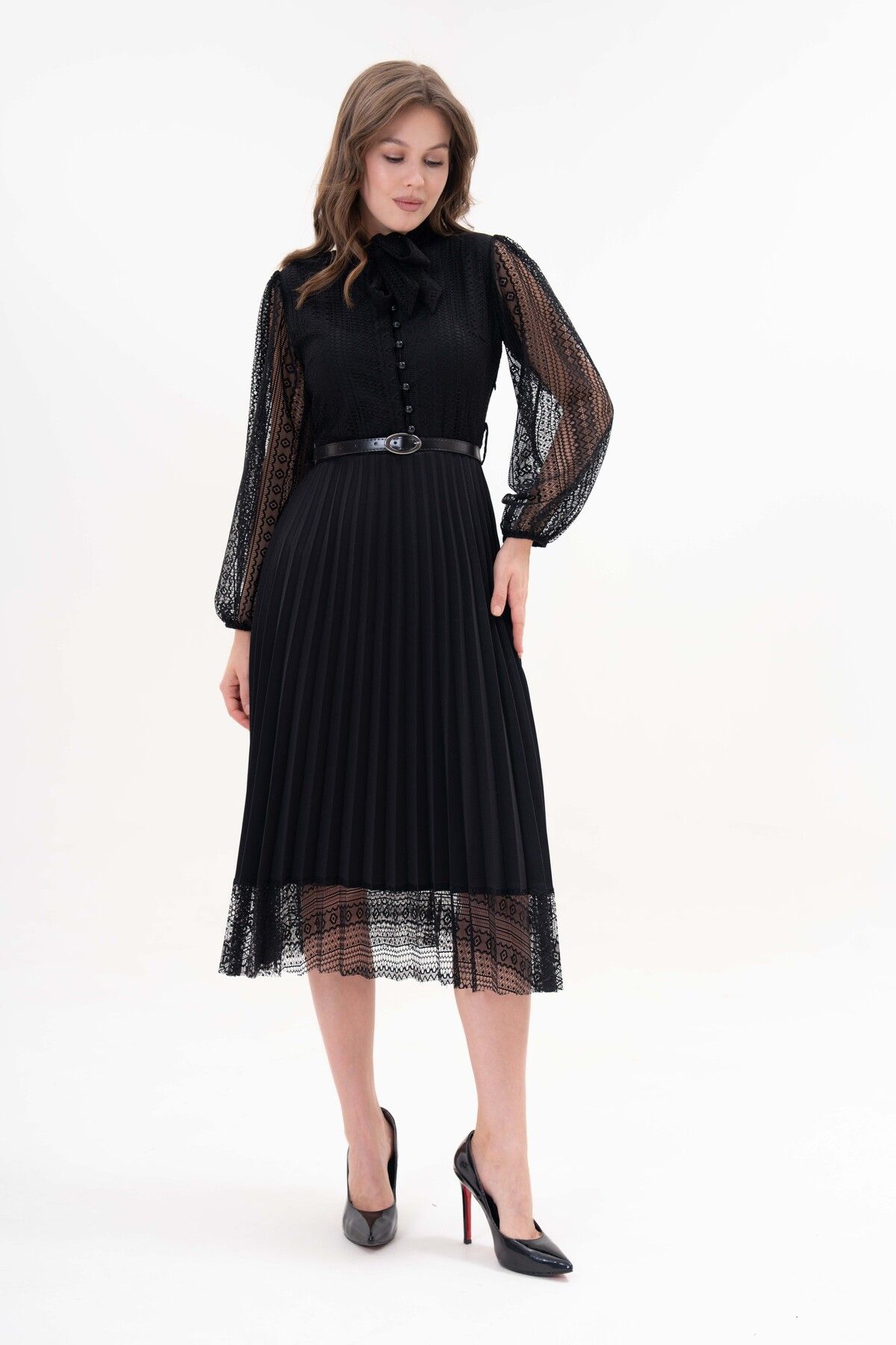 WOMAN VISION-Damen Design Plissee Langarm Spitze Schwarz Kleid mit Gürtel Geschenk 57834 1