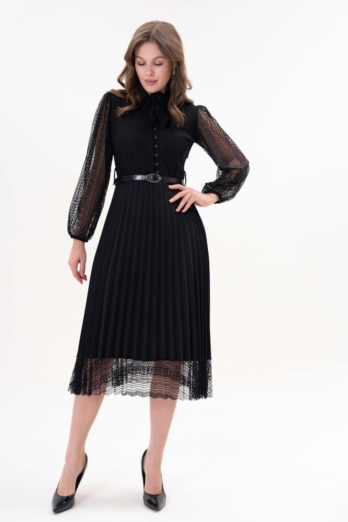 WOMAN VISION-Damen Design Plissee Langarm Spitze Schwarz Kleid mit Gürtel Geschenk 57834 6