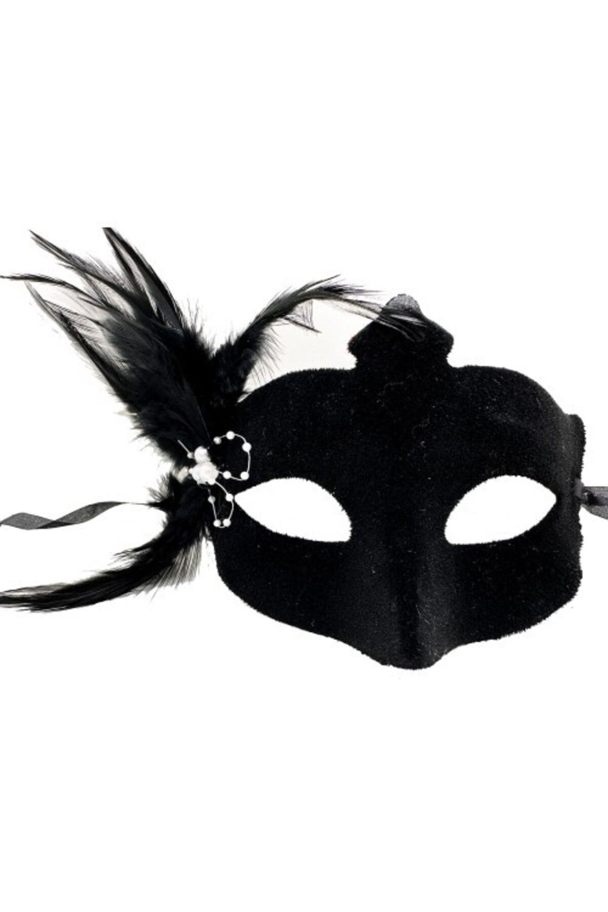 Erbar-Black Suede Feather White Pearl Party Mask 1