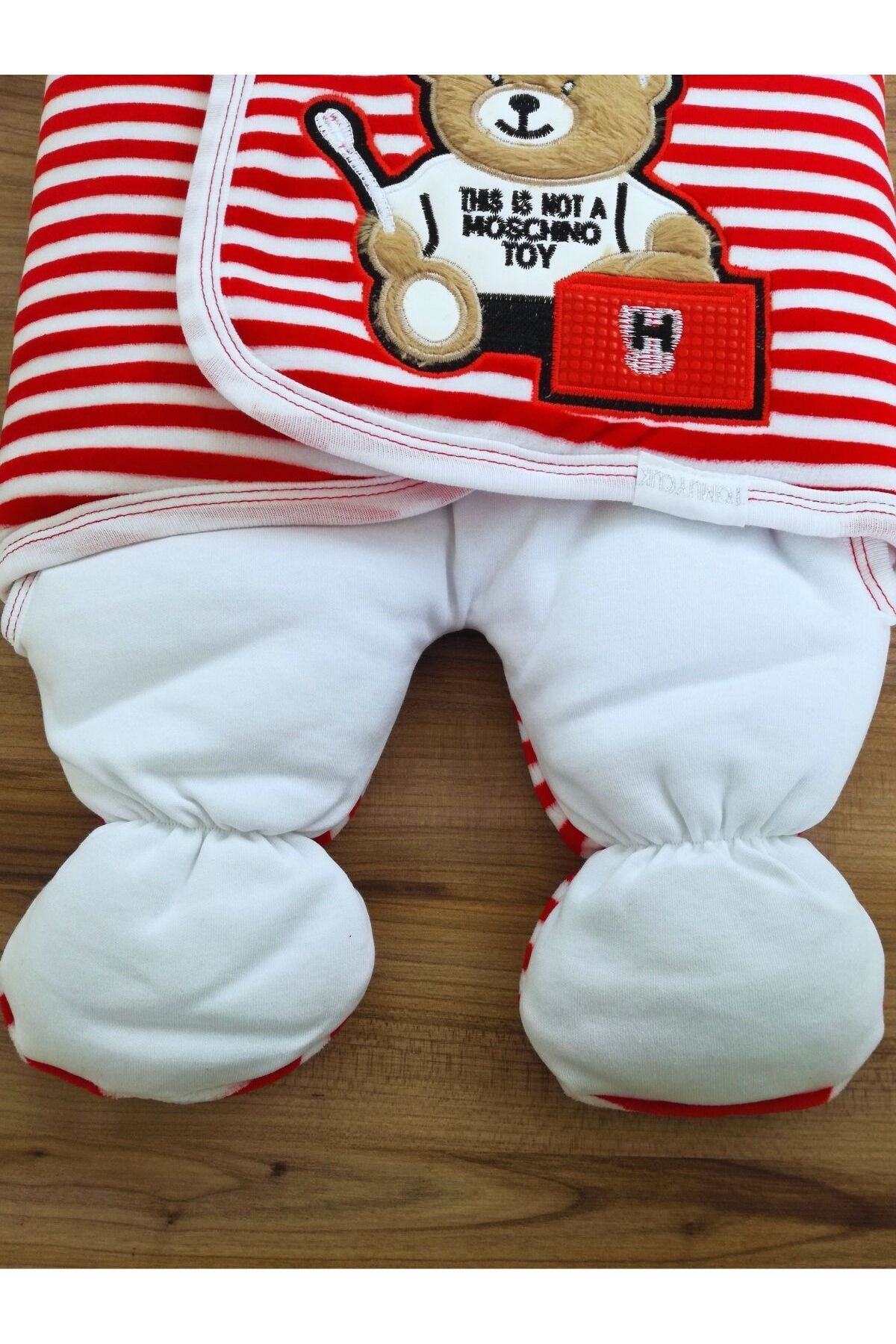 Tomuycuk-Unisex Newborn Baby Swaddle and Sleeping Bag - Teddy Bear Embroidered, Red Striped 7