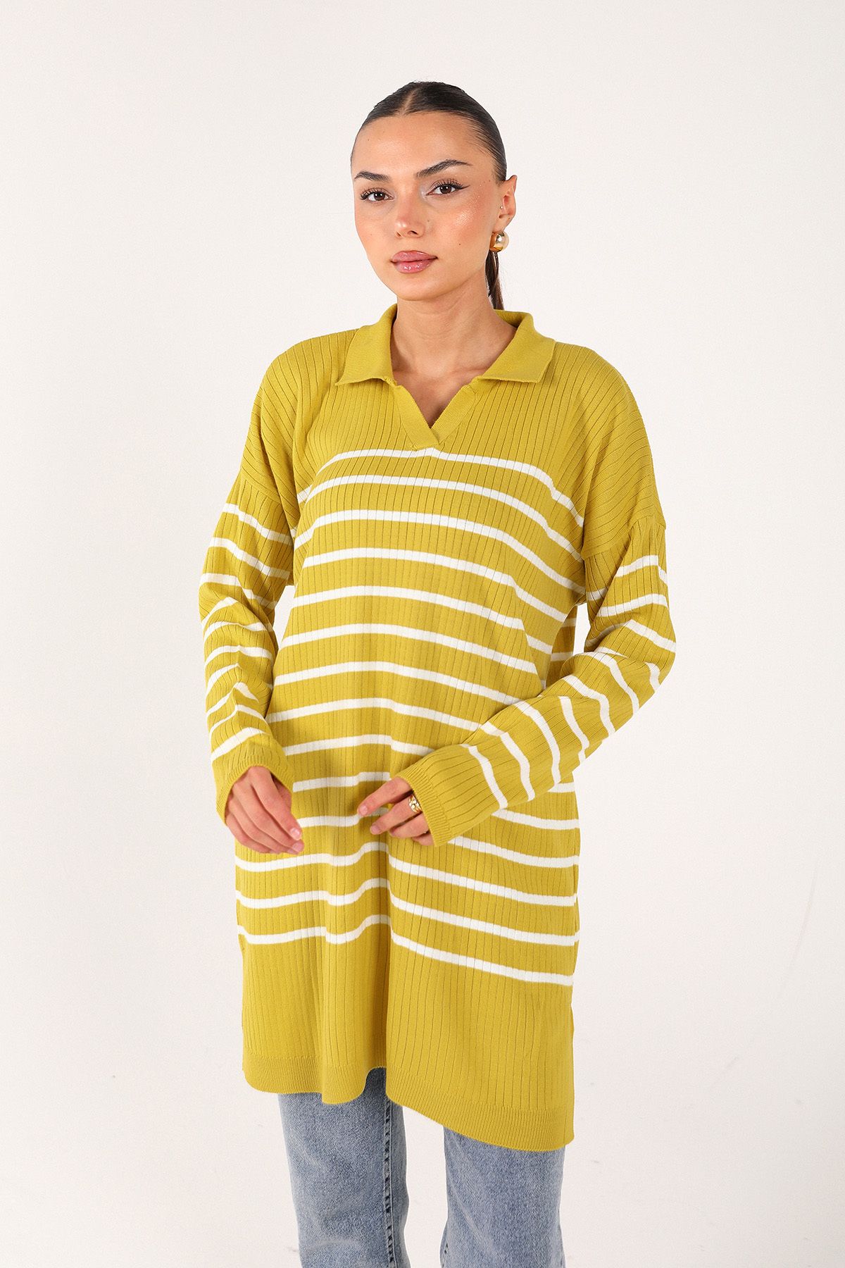 Melike Tatar-Oil Green Striped Knitwear Tunic 70-24325 1