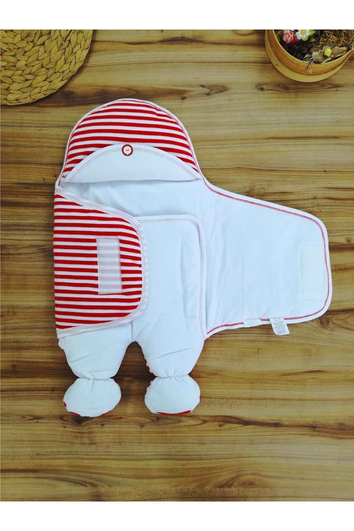 Tomuycuk-Unisex Newborn Baby Swaddle and Sleeping Bag - Teddy Bear Embroidered, Red Striped 3