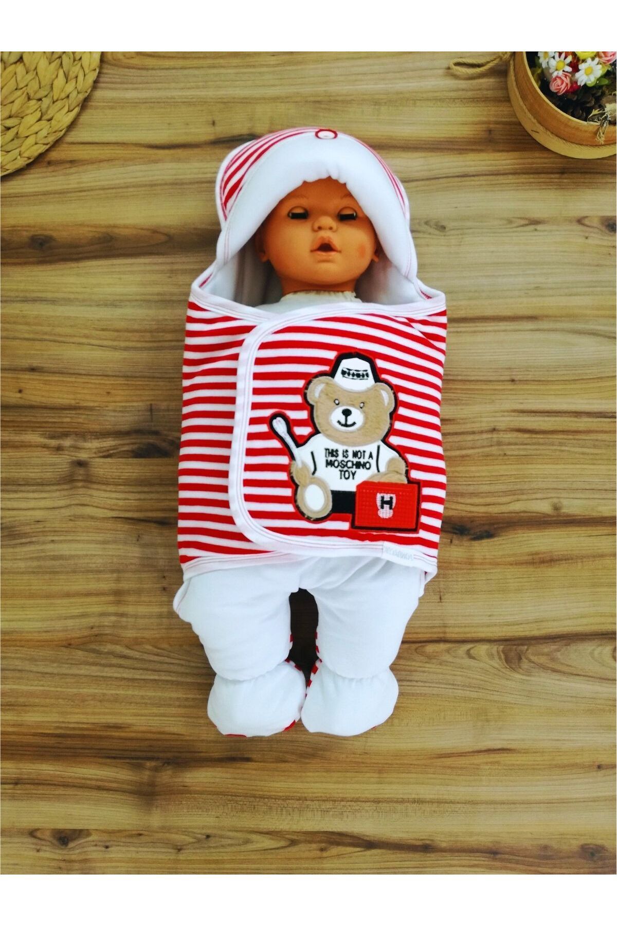 Tomuycuk-Unisex Newborn Baby Swaddle and Sleeping Bag - Teddy Bear Embroidered, Red Striped 2