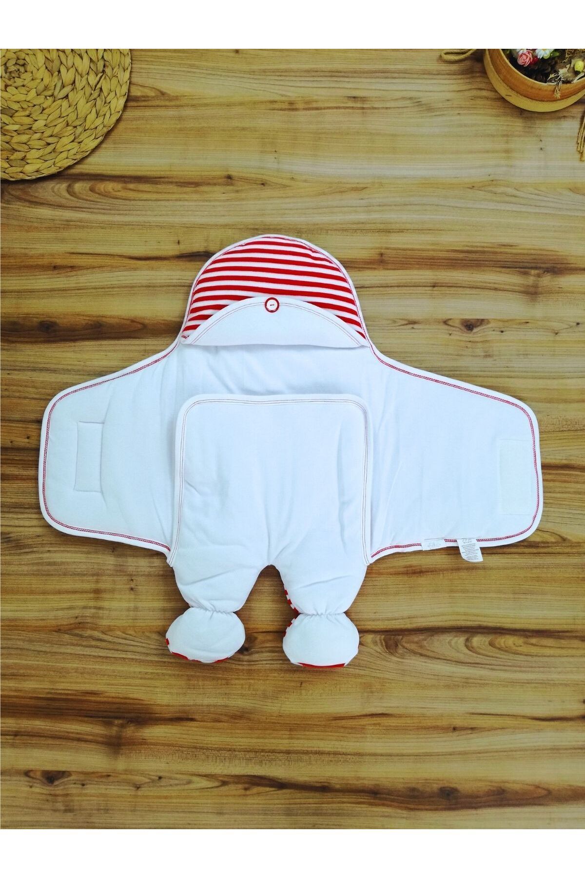 Tomuycuk-Unisex Newborn Baby Swaddle and Sleeping Bag - Teddy Bear Embroidered, Red Striped 4