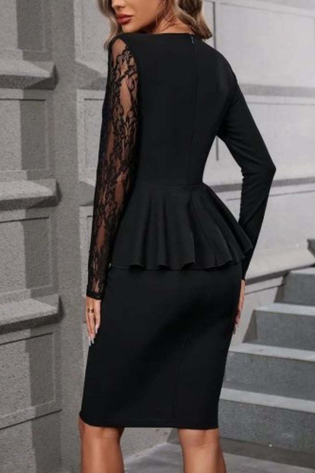 Mossta-Black Crepe Blouse and Skirt Set - Crew Neck and Lace Detail 3