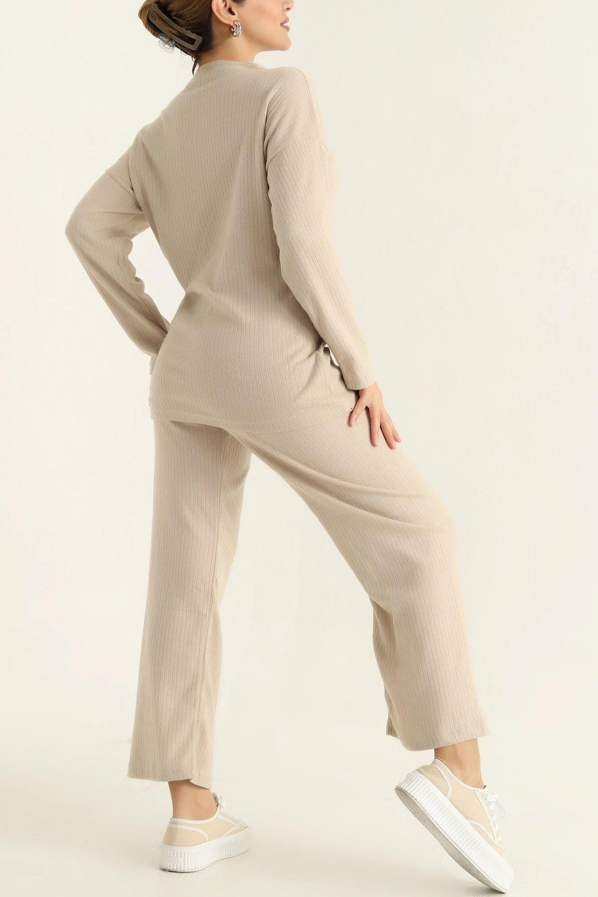 Mossta-Beige Colored Knitwear Trousers and Blouse Double Set 2