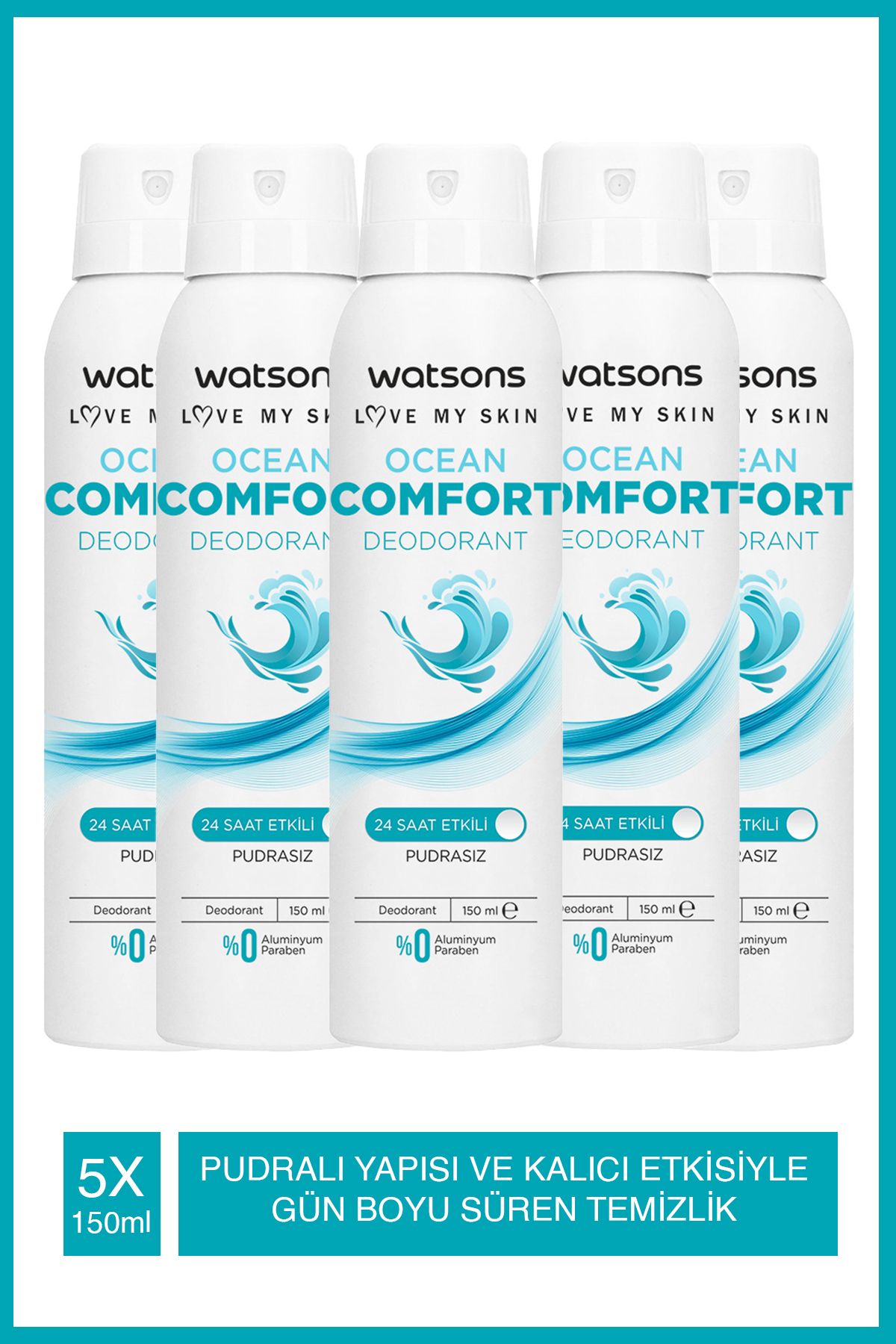 Watsons Ocean Comfort 24 Saat Etkili Pudrasız Deodorant Sprey 150 ml X5 Adet