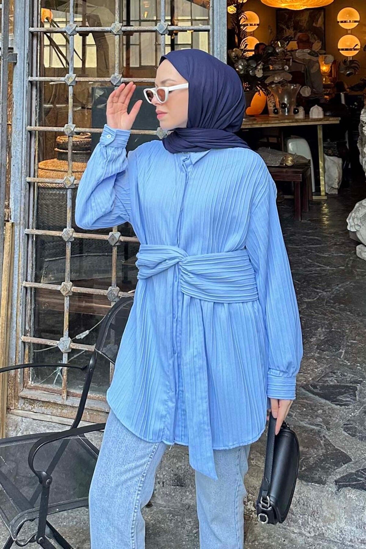 پیراهن پوشیده آبی زنانه تونیک با کمر اورجینال lamelif