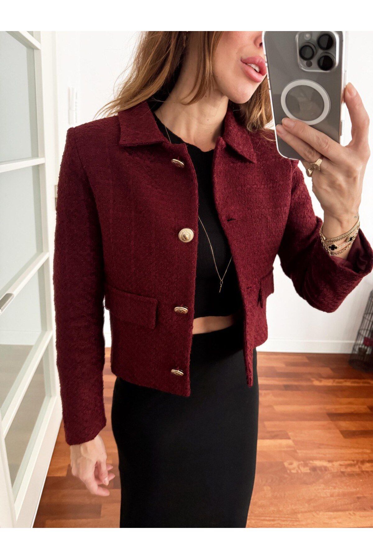 Maldia Shop-Women's Gold Button Blazer Burgundy Tweed Jacket 3