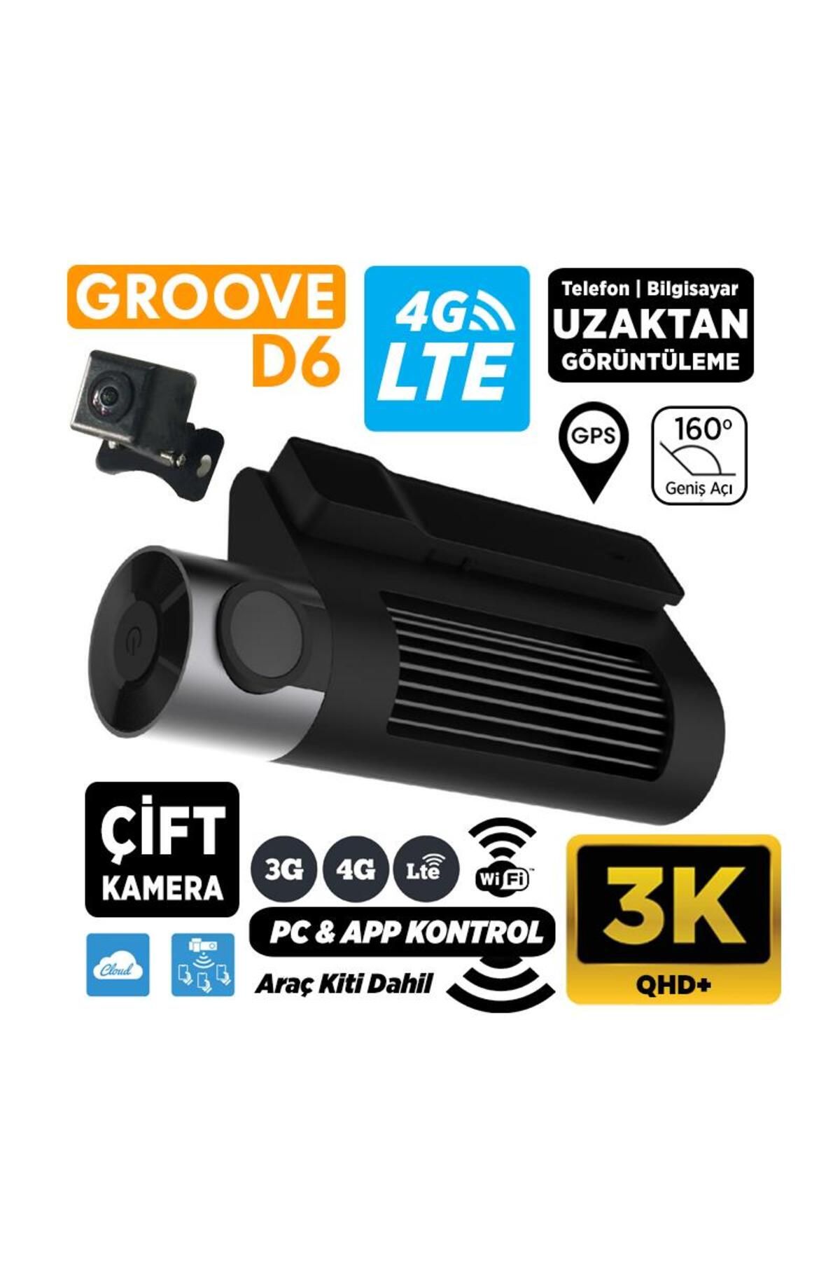 Groove D6 4G LTE 3K QHD Ön+Arka Araç İçi Kamera Sim Kart Destekli Uzaktan Erişim Canlı Takip|WiFi|GP