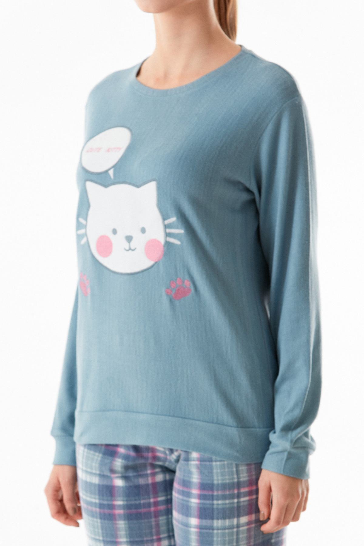 Fulla Moda-Set de pijamale din 2 piese cu gâtul rotund brodat cu pisici 7
