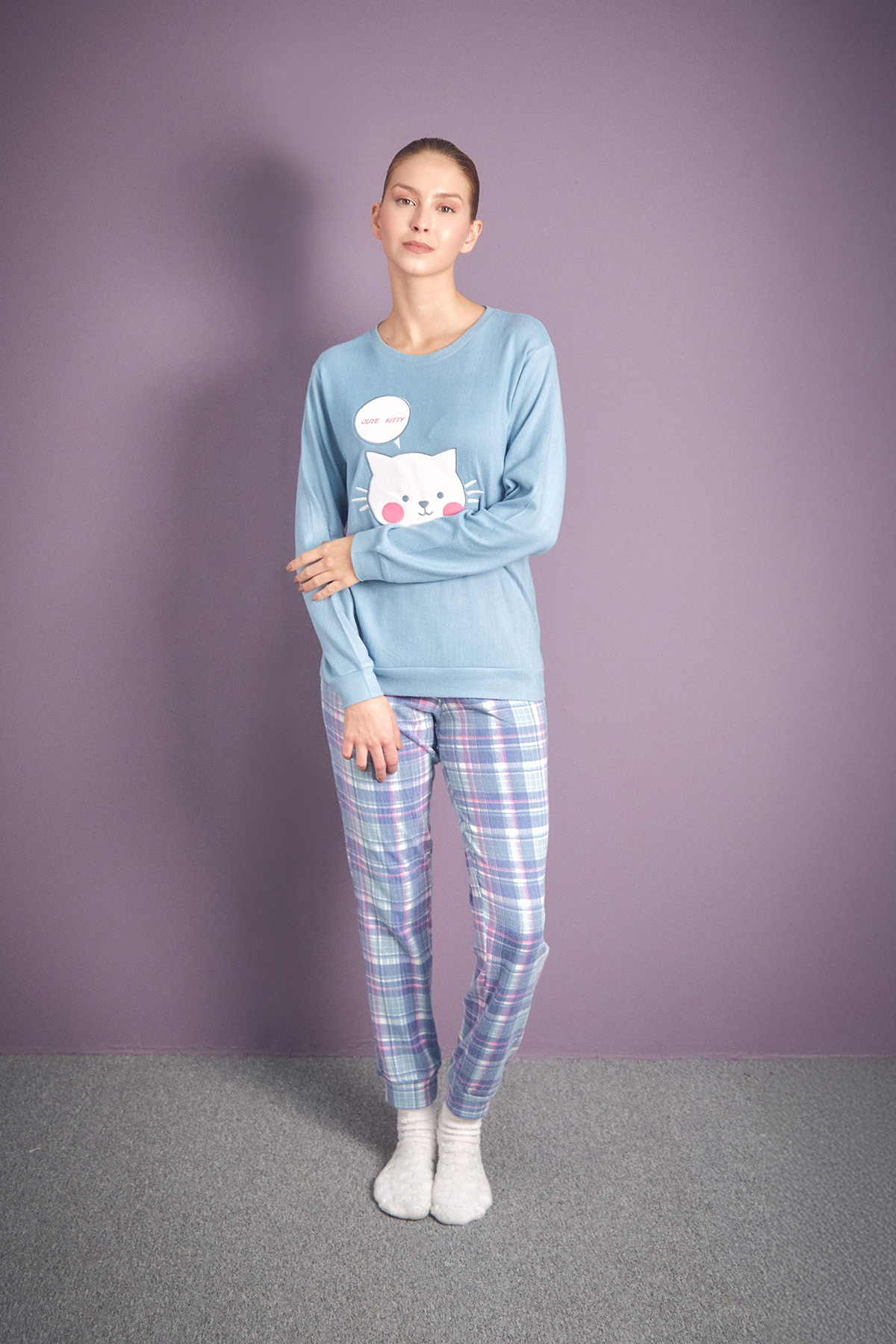 Fulla Moda-Set de pijamale din 2 piese cu gâtul rotund brodat cu pisici 1