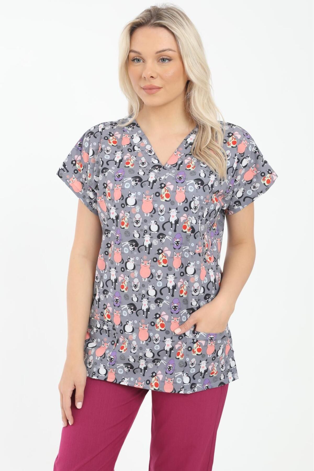 Arme medikal-Dark Decorated Lycra Pattern Surgical Scrubs - Doctor, Nurse, Veterinary, Dentist Single Top 1