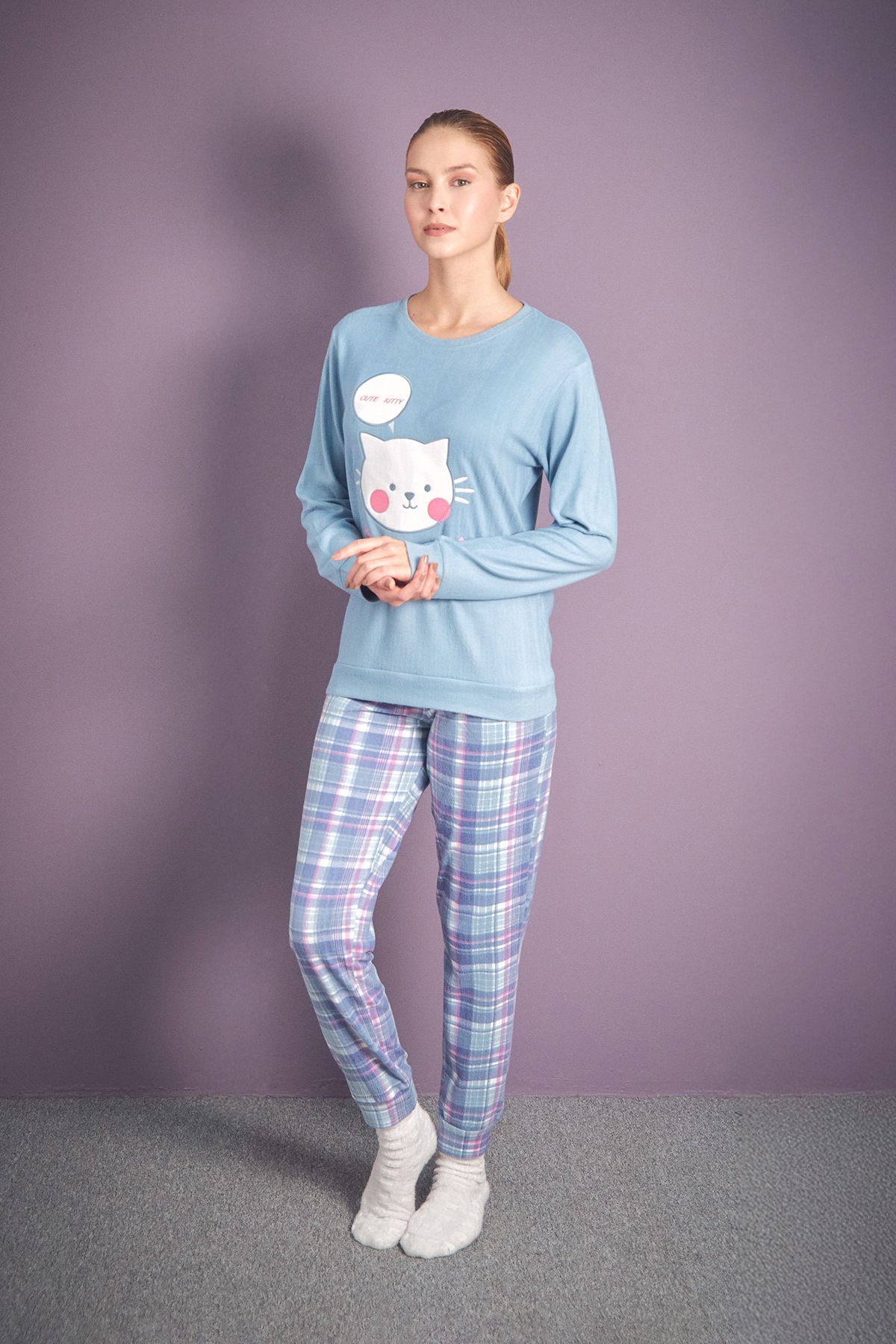 Fulla Moda-Set de pijamale din 2 piese cu gâtul rotund brodat cu pisici 3