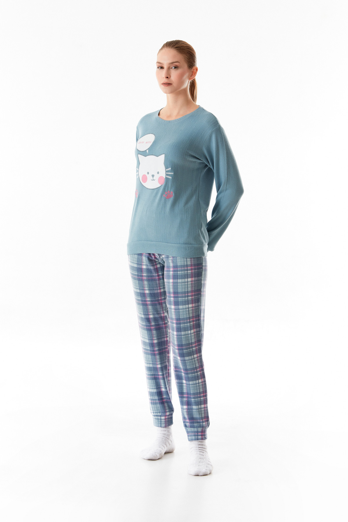 Fulla Moda-Set de pijamale din 2 piese cu gâtul rotund brodat cu pisici 2