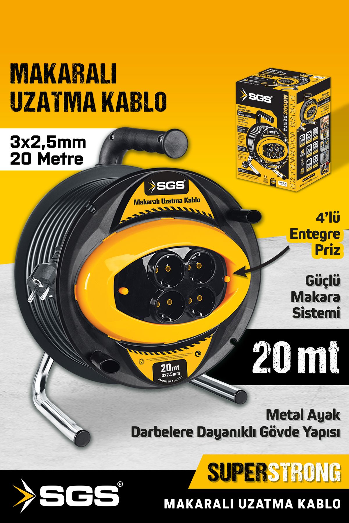 SGS SGS2133 3x2,5mm 20 Metre Makaralı Uzatma Kablo Metal Ayaklı 4 Lü Priz