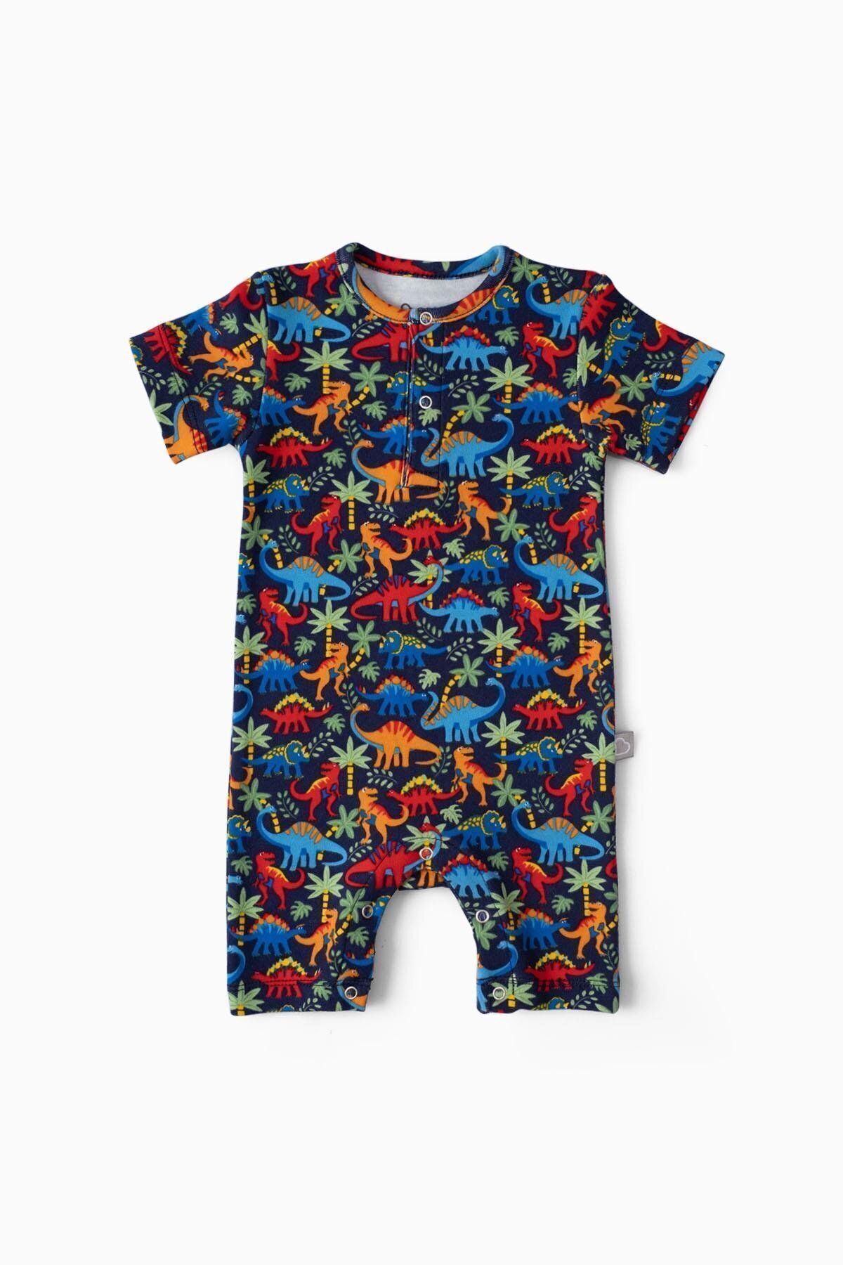 Boumini-Navy Blue Dinosaur Patterned Short Sleeve Baby Shorts Romper 1