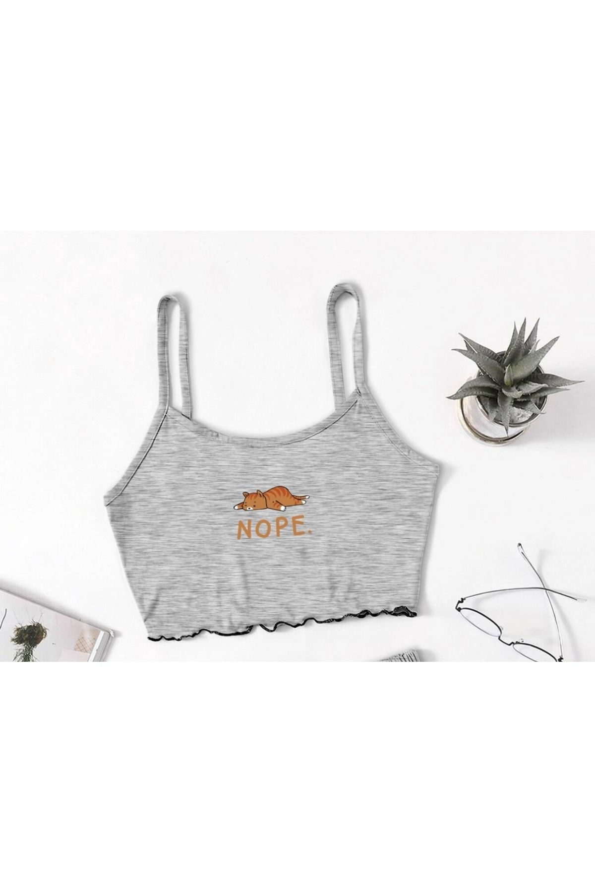 PEMBİŞ HOMEWEAR Gri Crop Baskılı Atlet Nope