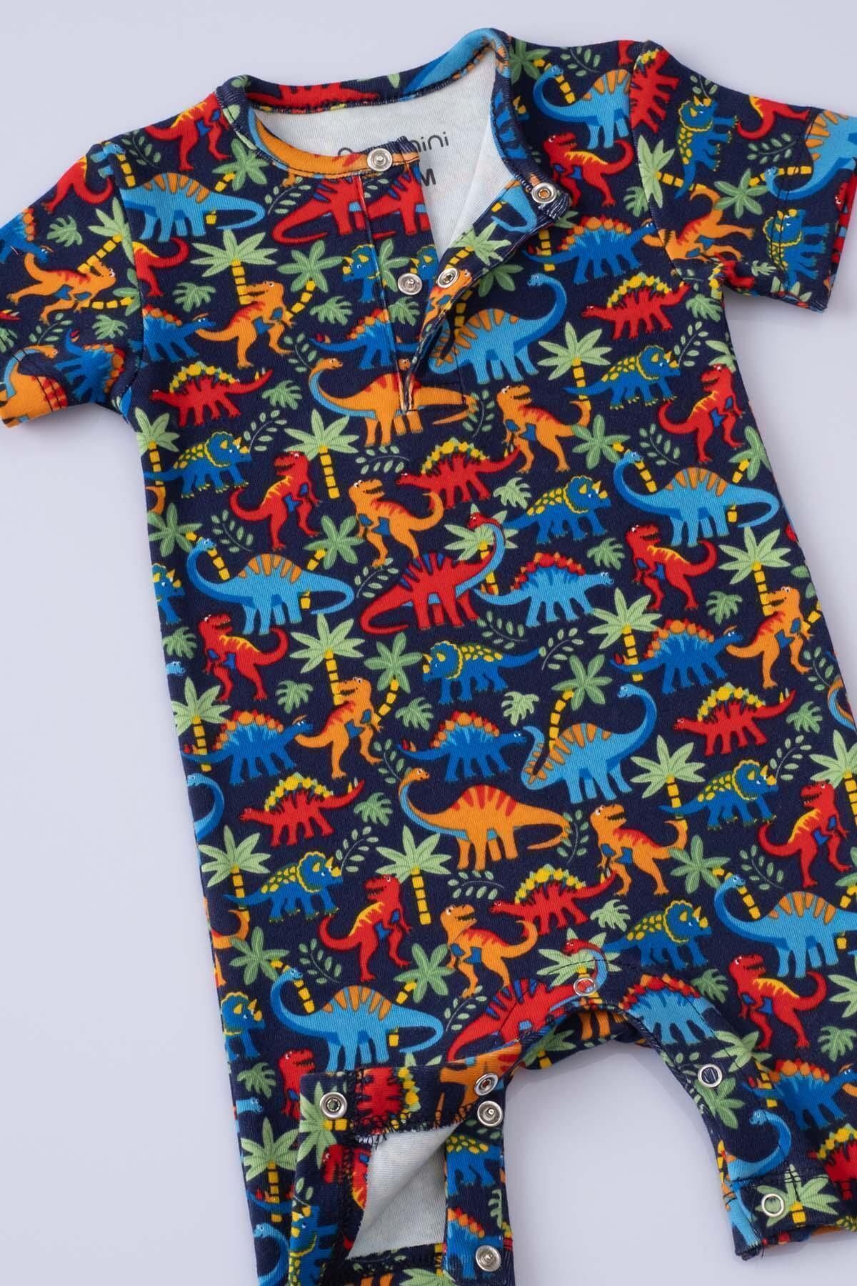 Boumini-Navy Blue Dinosaur Patterned Short Sleeve Baby Shorts Romper 3