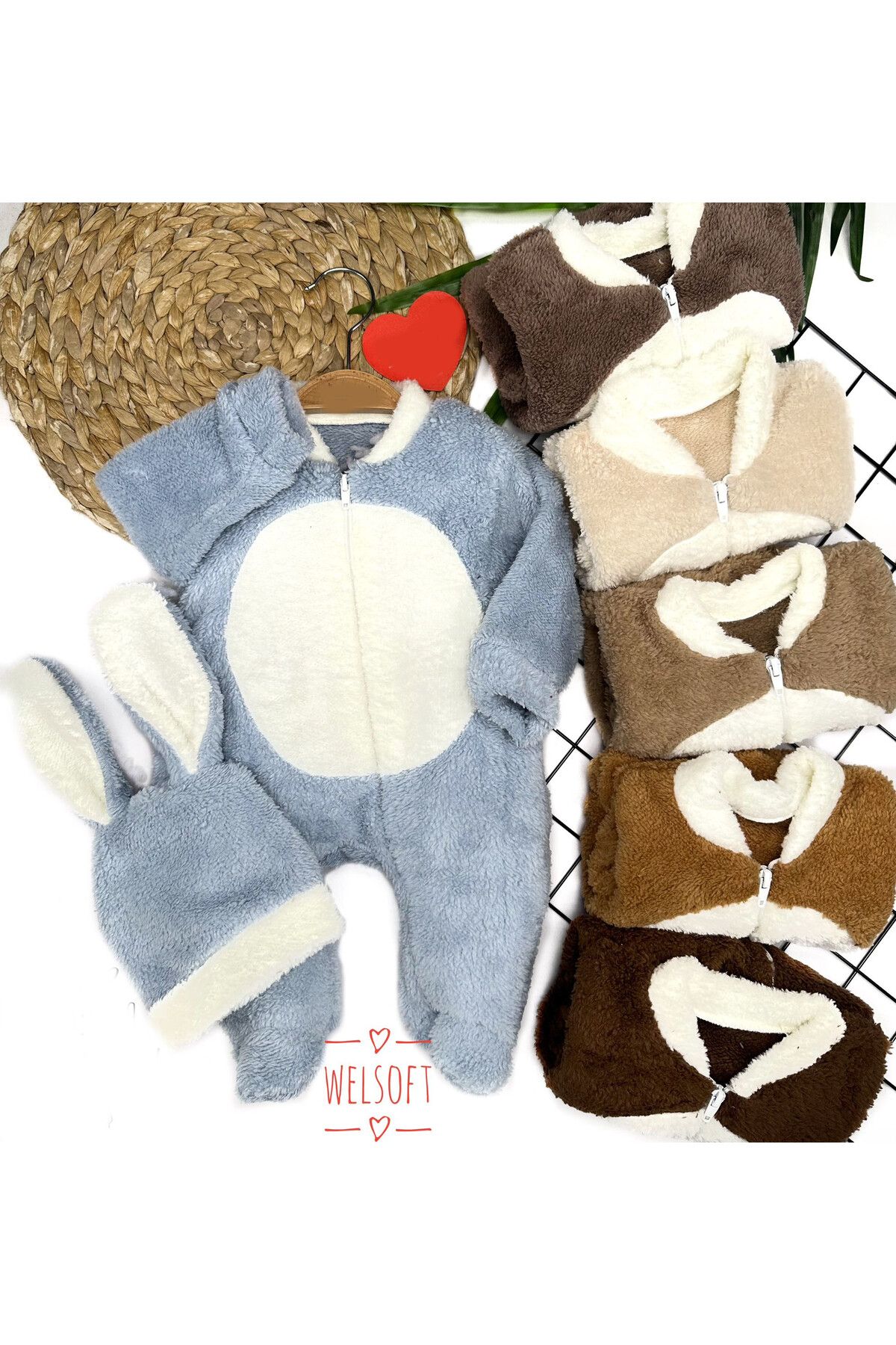 Skygo-3-6-9-12 Months Baby Boy Romper with Rabbit Ear Hat and Zipper Closure and Booties and Gloves 1