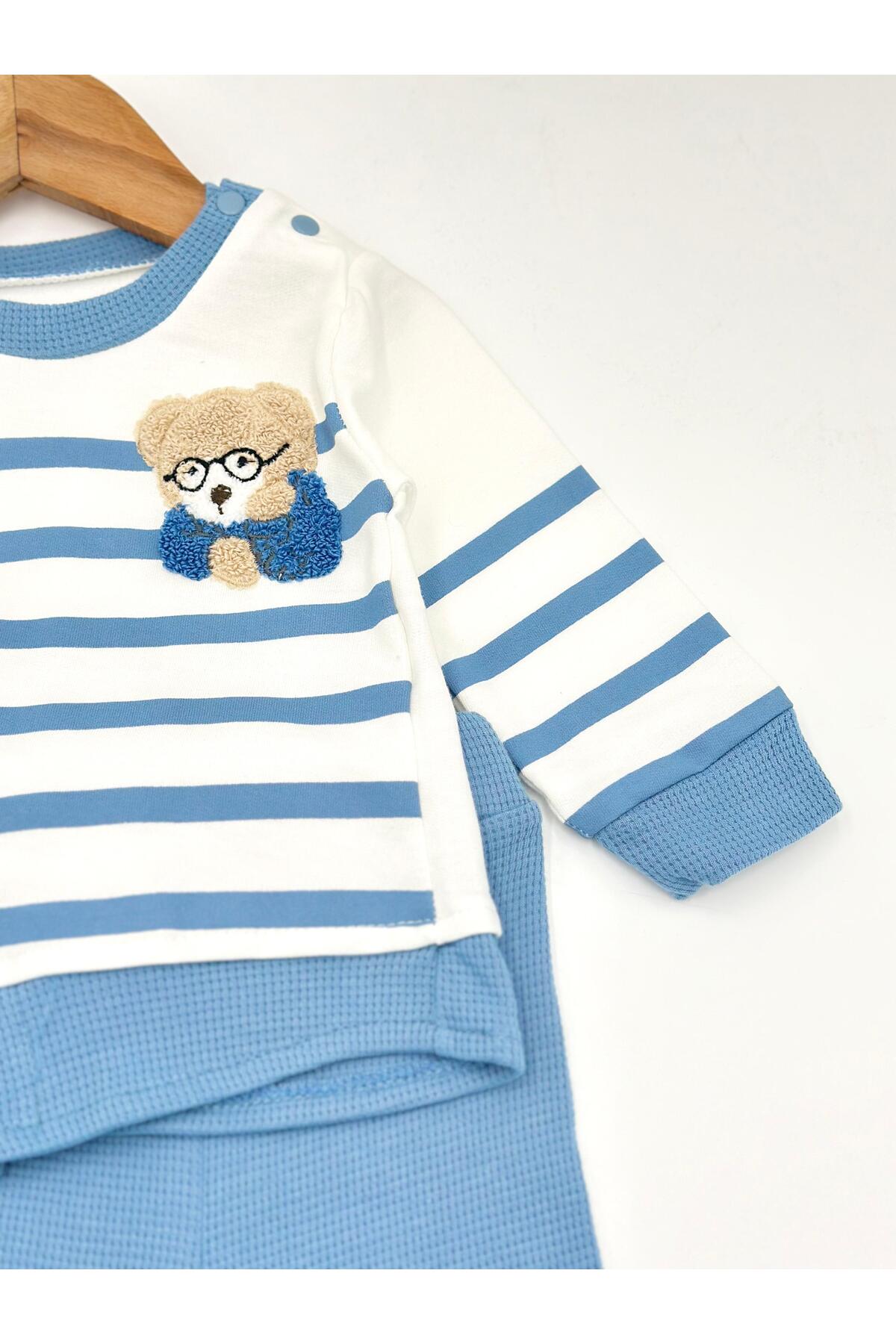 voyyo kids baby Erkek Bebek Mevsimlik Takımı Ayıcık Nakışlı Uzun Kollu Bisiklet Yaka Çizgili Sahte Gömlekli Takım fotoğrafı 6 (önizleme)