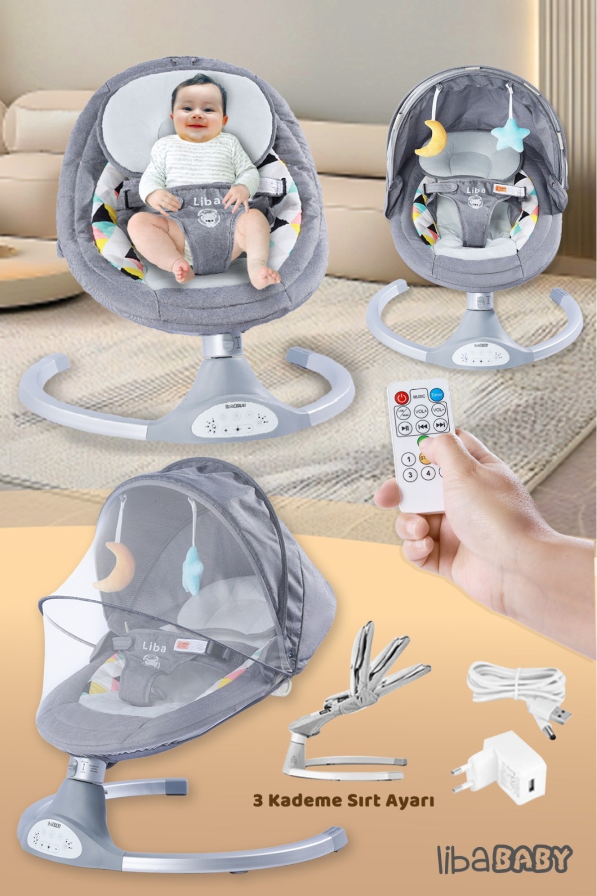 libaBABY KOALA Elite Elektrikli Bebek Ana Kucağı Bluetoothlu Otomatik Sallanan Müzikli Kumandalı Anakucağı fotoğrafı 6 (önizleme)