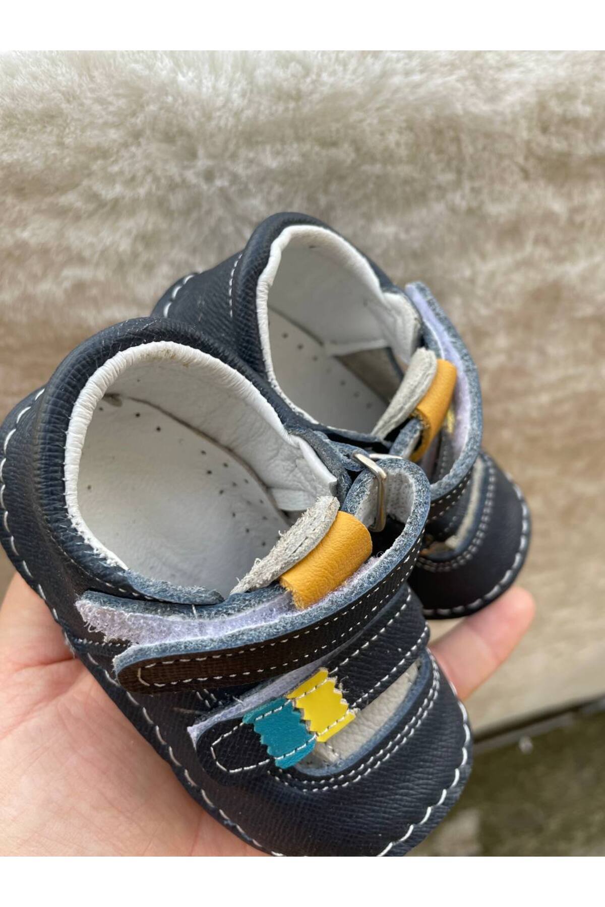 Sare Çocuk Giyim-Baby Boy Navy Blue Genuine Leather Comfortable Orthopedic Sandals First Step Shoes 8