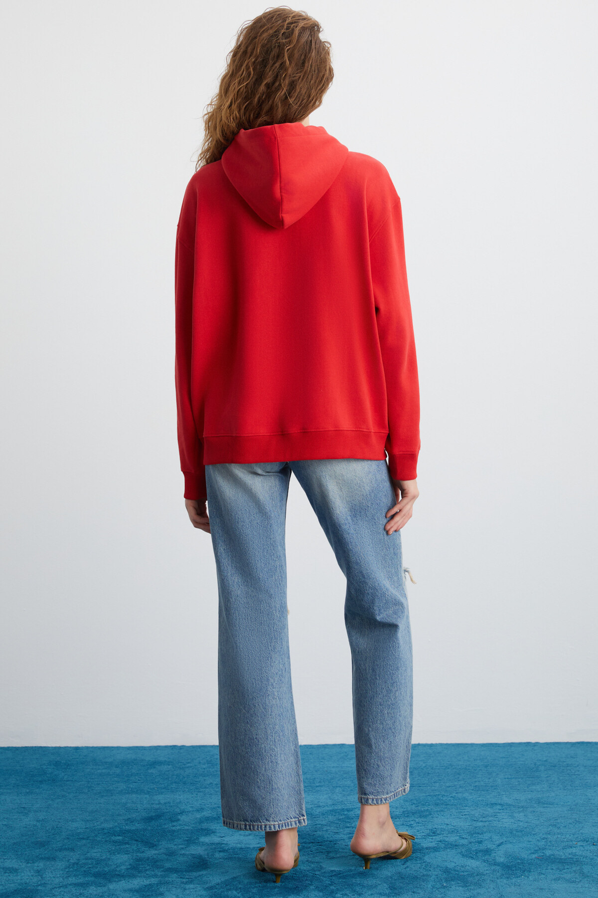 GRIMELANGE  Alena Kadın Oversize Organik Pamuklu Metal Fermuarlı Kapüşonlu İçi Polarlı Kırmızı Sweatshirt - Görsel 6