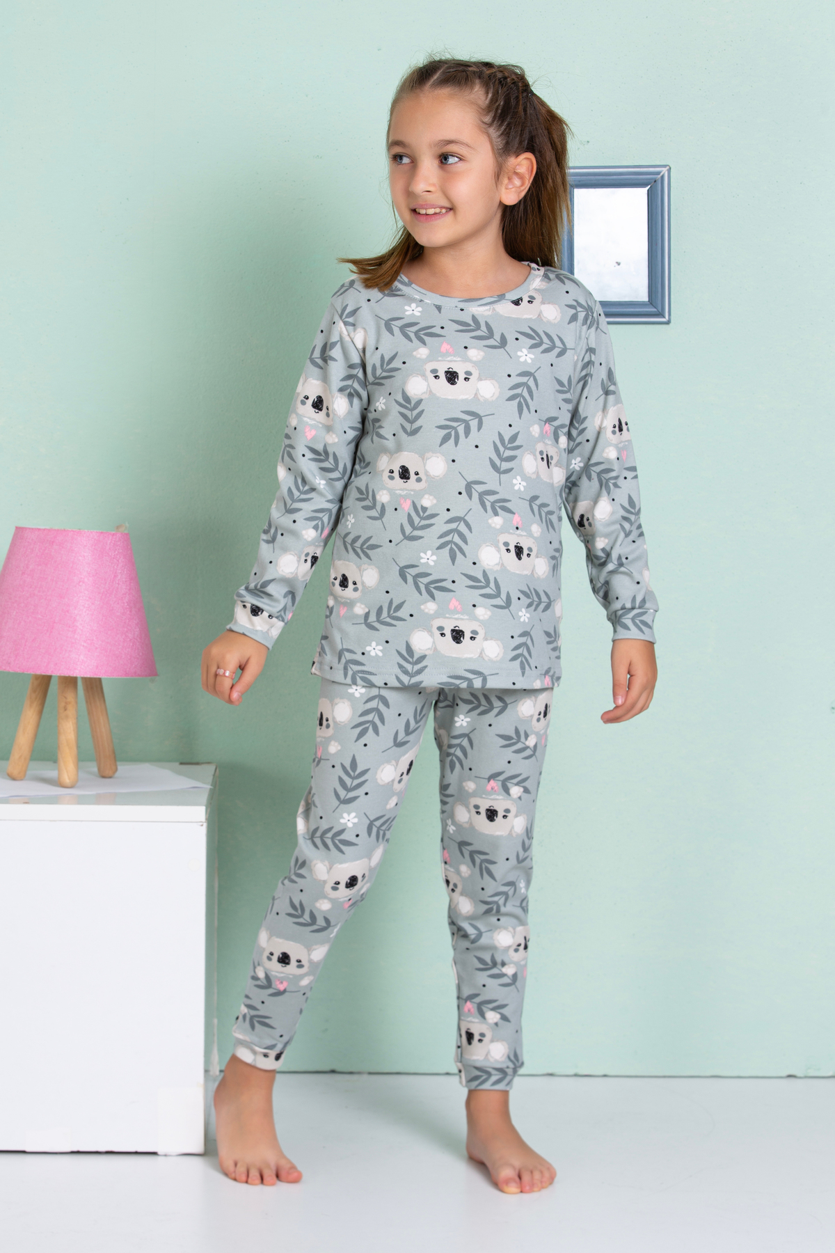 elmas kids Kız Çocuk ve Bebek Sevimli Koala Desenli Gri %100 Pamuklu Pijama Takımı fotoğrafı 4 (önizleme)