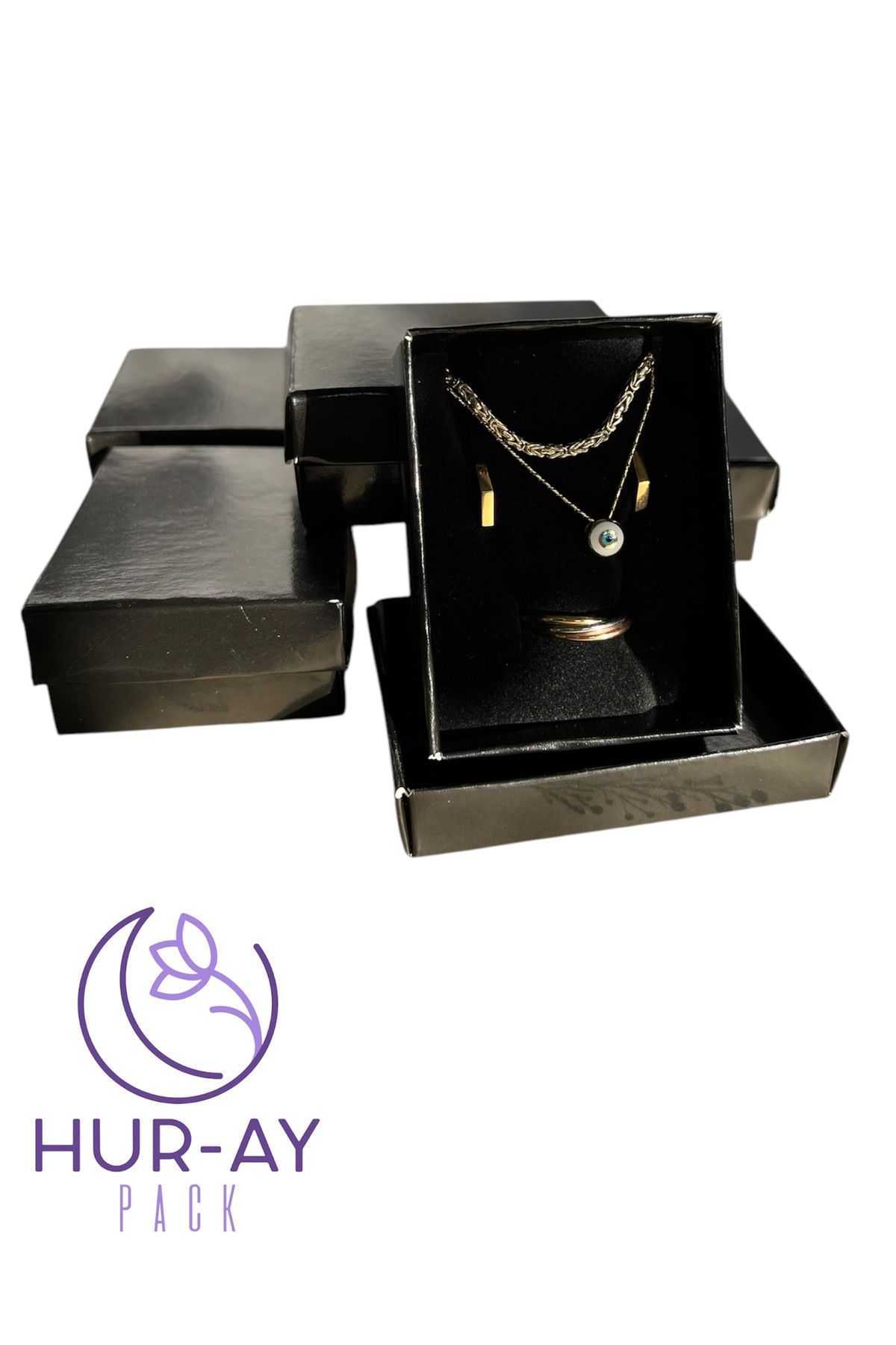 HUR-AY PACK-Black Cardboard Jewelry Box/Necklace, Ring, Earrings, Bracelet, Set of 5 Box/Pack of 24/with Black Sponge Inside 3