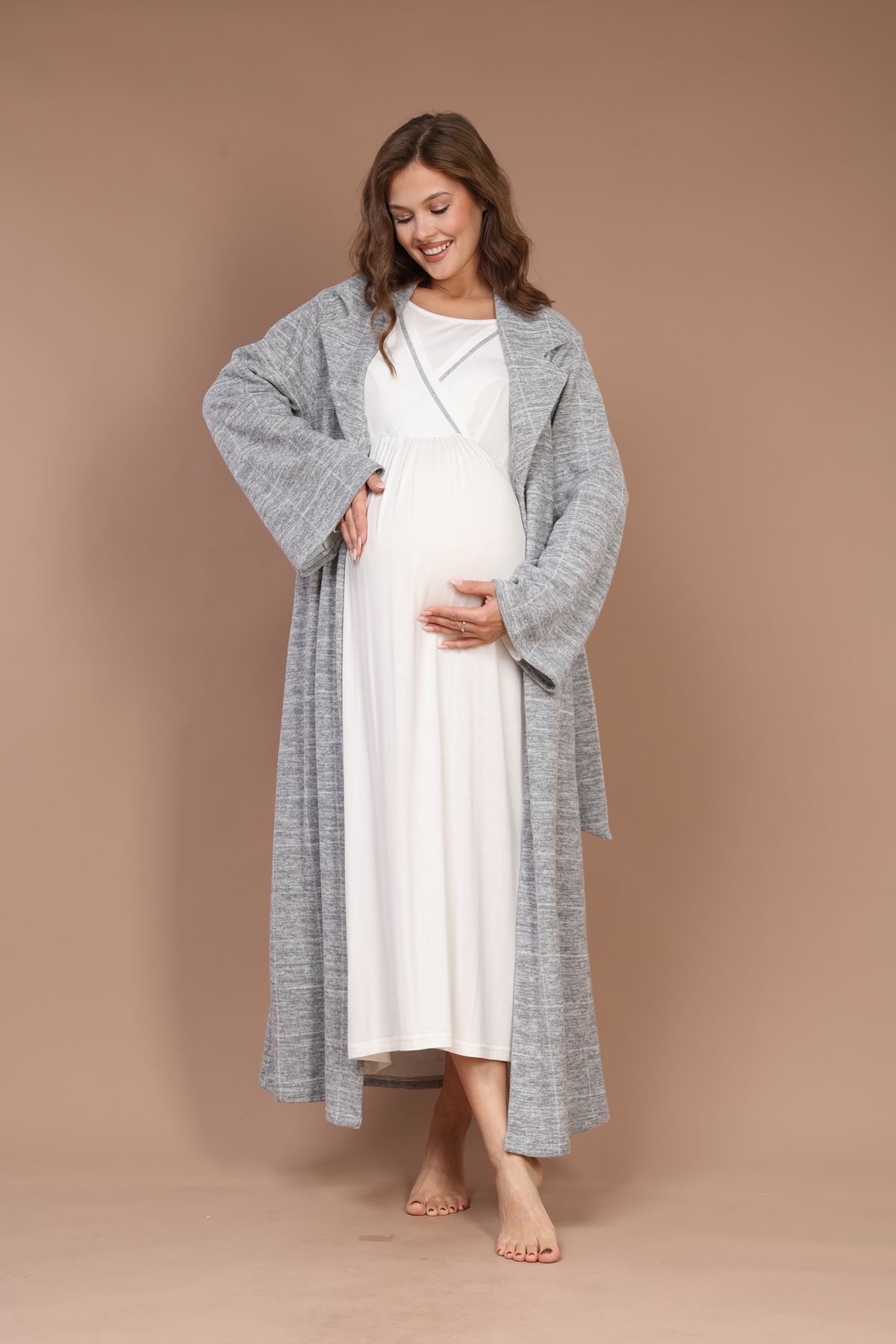 LOHOUSE-Women's Gray Concealed Breastfeeding Featured Maternity Nightgown Dressing Gown Set 5