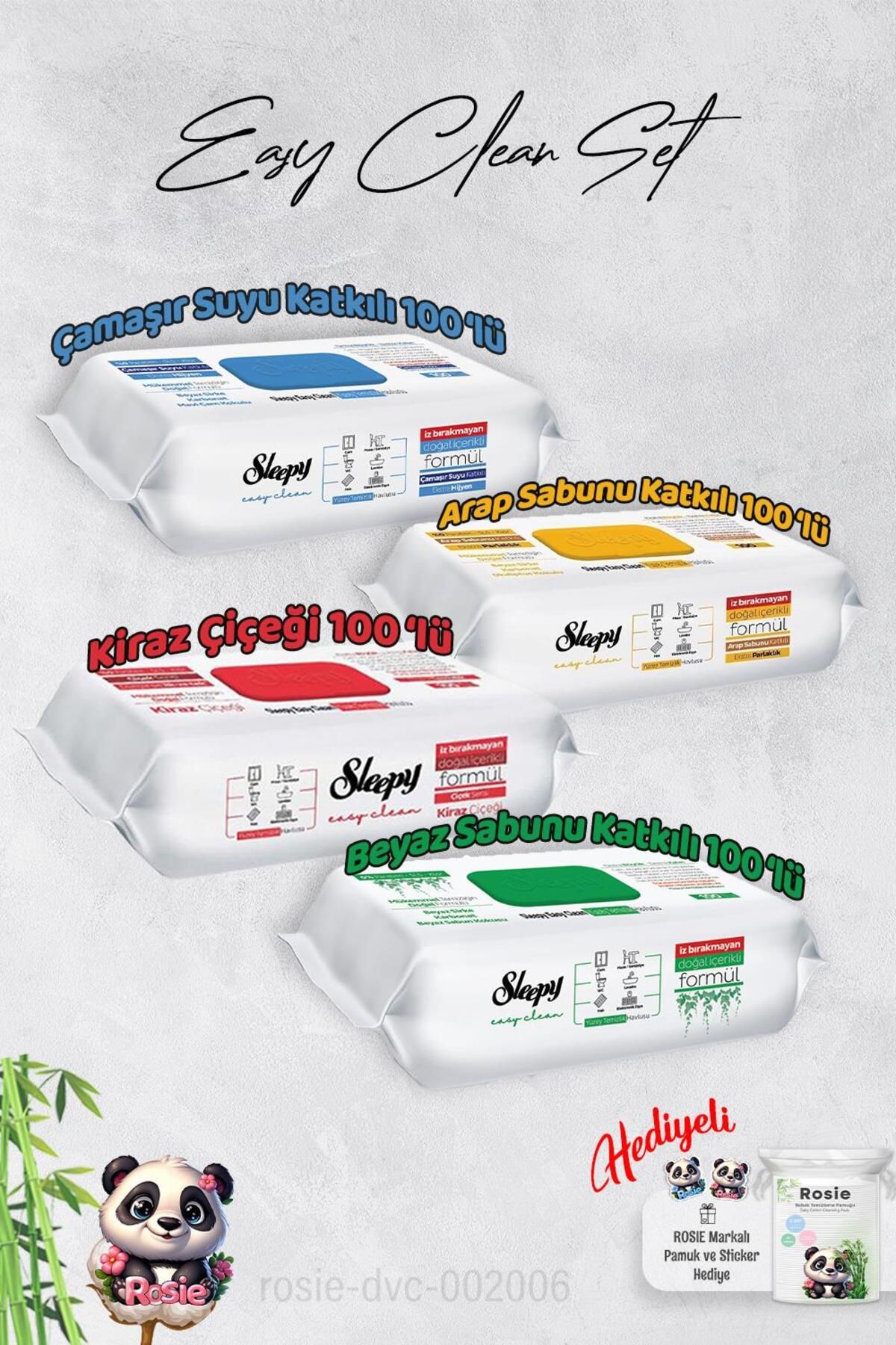 Sleepy Çamaşır Suyu, Arap sabunu, Beyaz Sabun ve Kiraz Yüzey Temizlik Havlusu ve Hediye Rosie