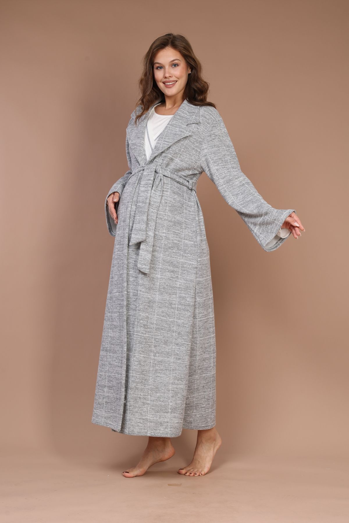 LOHOUSE-Women's Gray Concealed Breastfeeding Featured Maternity Nightgown Dressing Gown Set 3