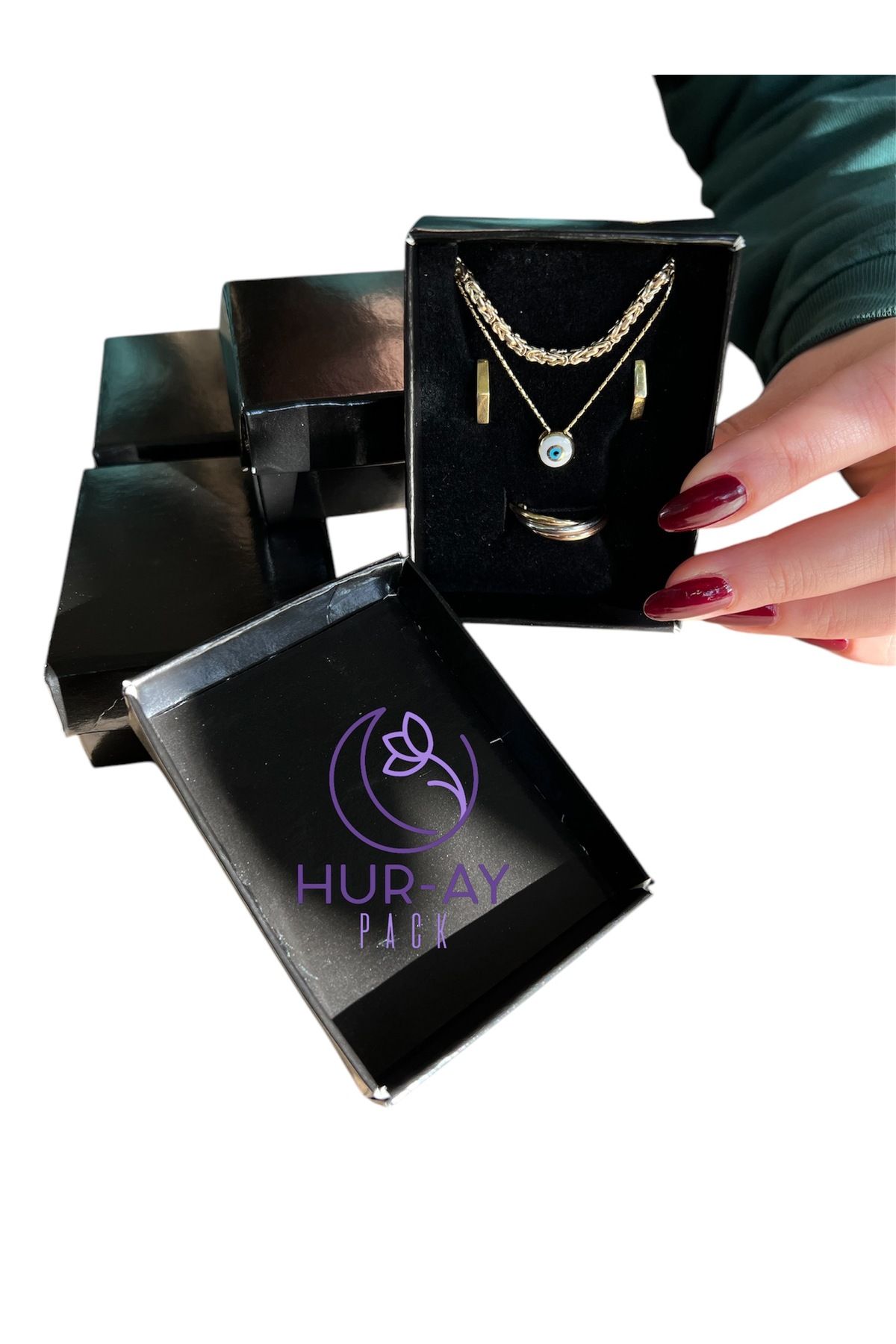 HUR-AY PACK-Black Cardboard Jewelry Box/Necklace, Ring, Earrings, Bracelet, Set of 5 Box/Pack of 24/with Black Sponge Inside 4