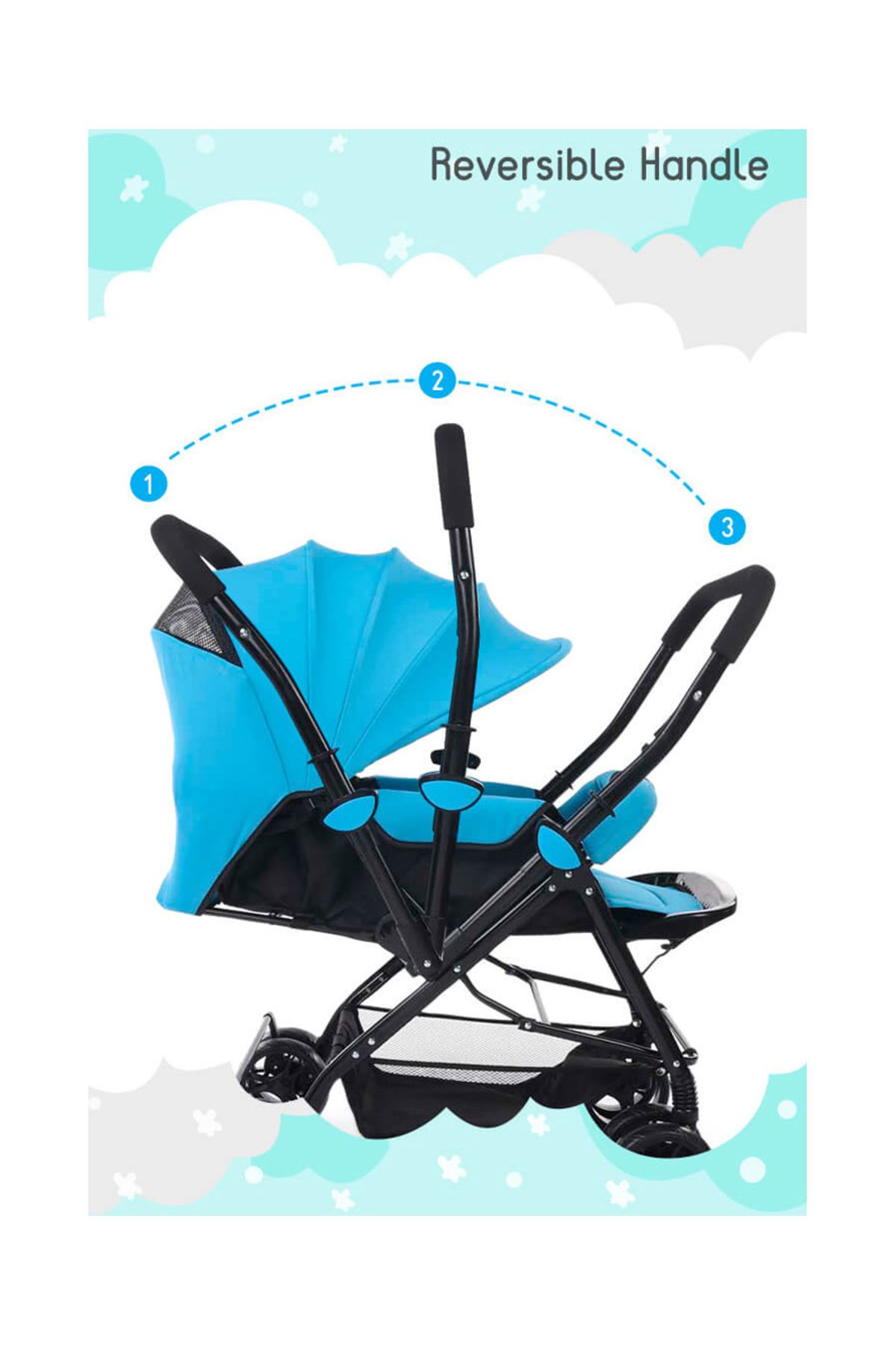 Babyhug-Symphony Stroller with Reversible Handle, Mosquito Net, Multi-Recline - 0 to 3 Years - Blue 5