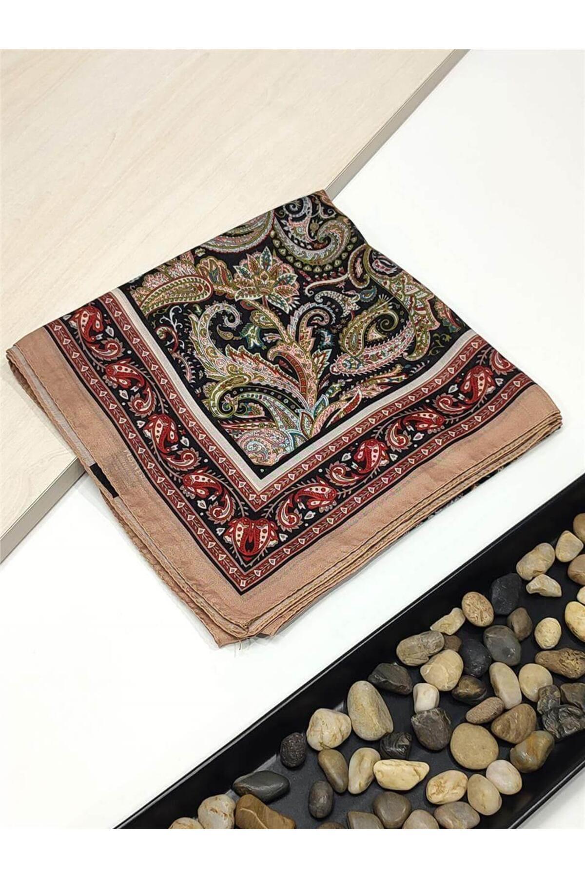Koyu Bej Etnik Desenli Dijital Elegance Pamuklu Eşarp Yazma