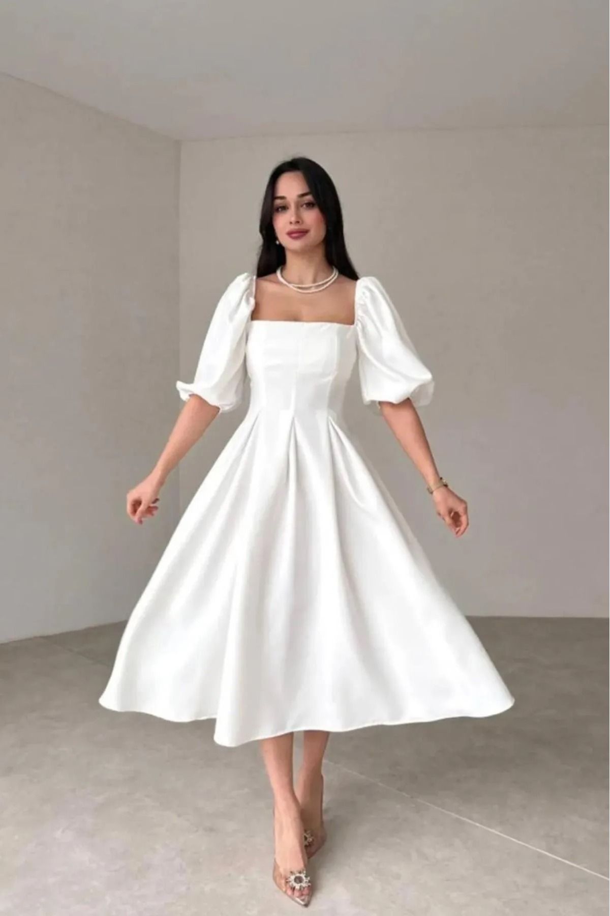 Daem Butik-Women's White Square Collar Balloon Sleeve Ruffle Lined Midi Dress 1